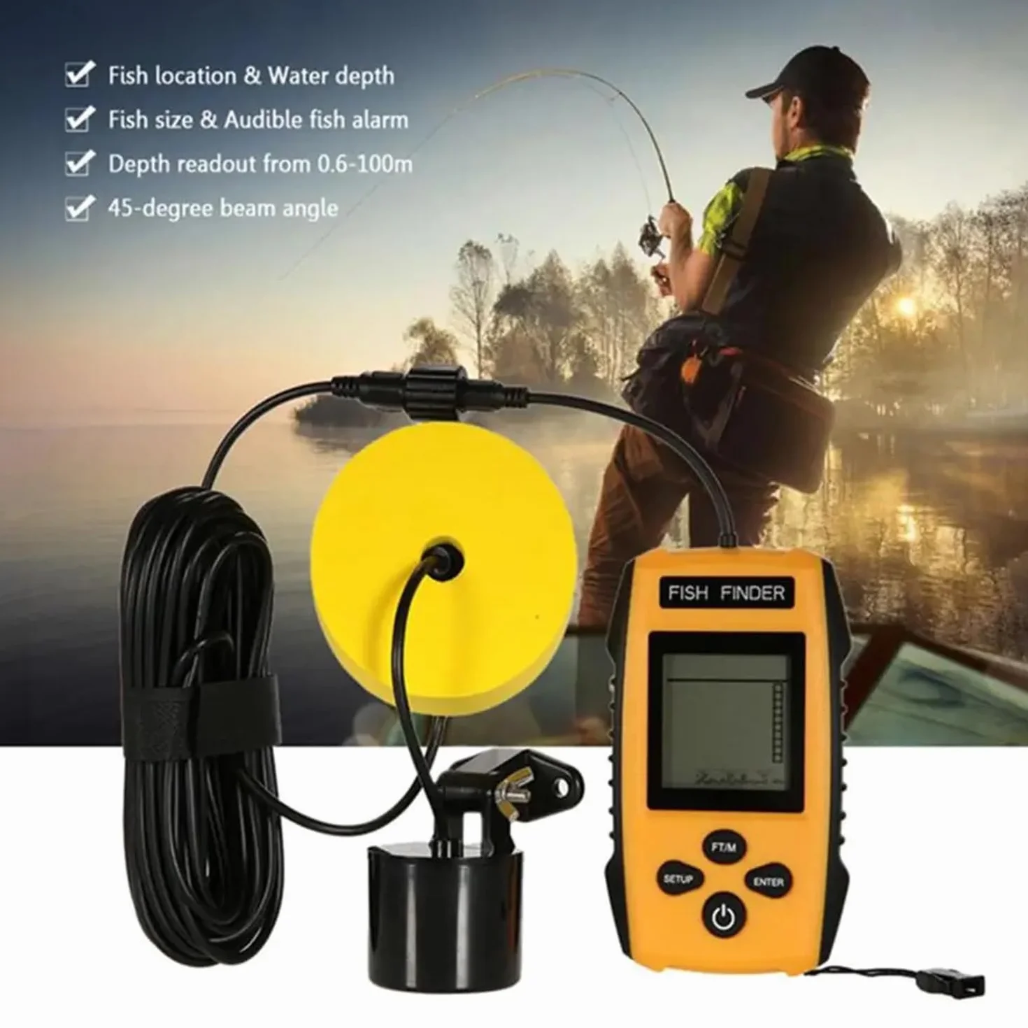 Sonar Buscador de Peces 100 m 45° Cobertura Eco Sonda Alarma Transductor Detector de Pesca Subacuática