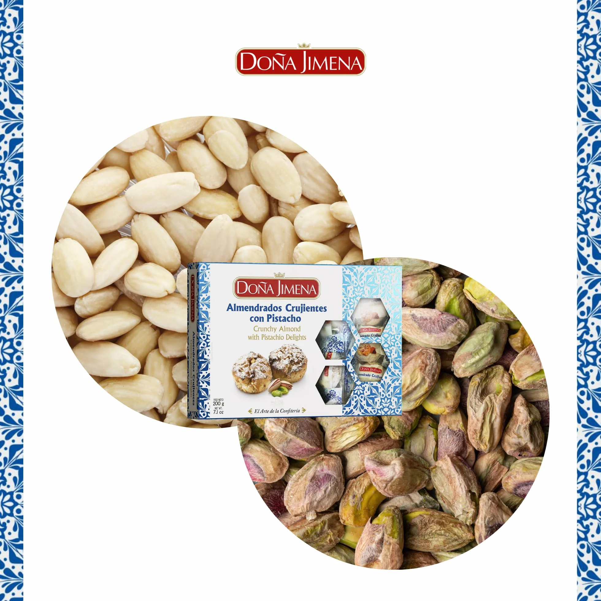 DOÑA JIMENA - Almendrados Crujientes con Pistacho, 200 g, Textura Crujiente con Pistacho y Almendra Tostada, Envasados Individualmente, Dulce Tradicional Español, Calidad Suprema