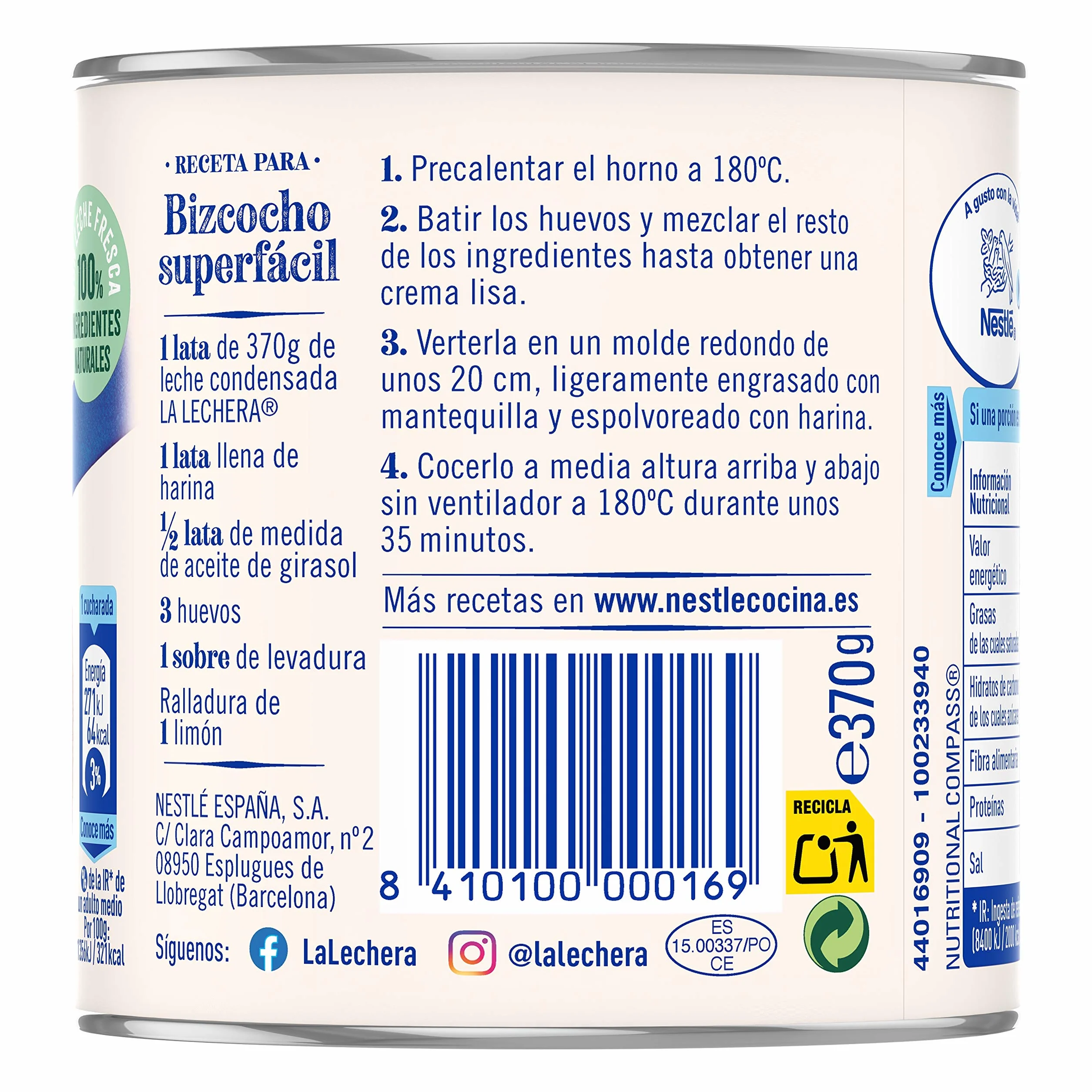 Nestlé La Lechera Leche condensada entera, Lata de 370 gr