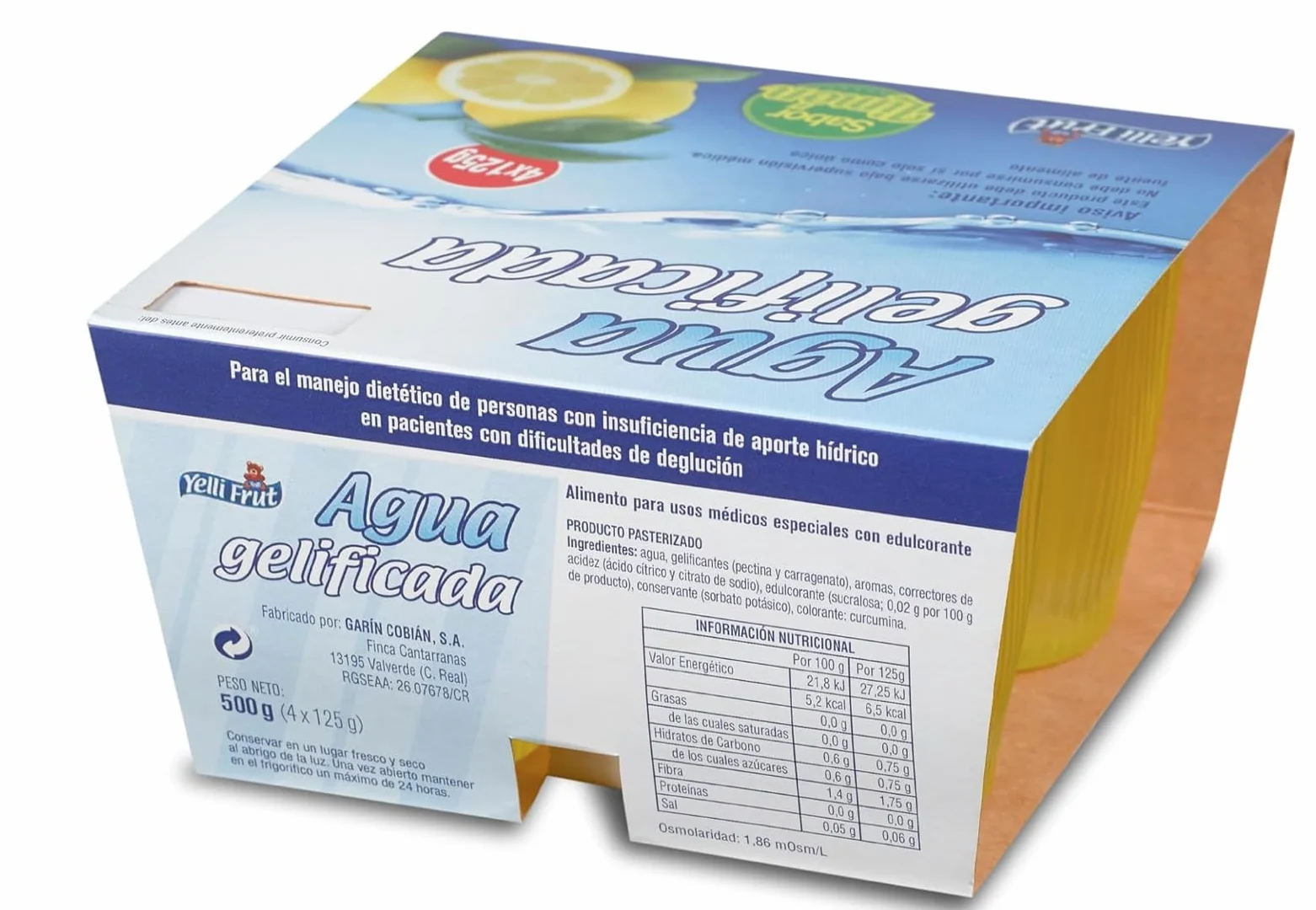 Agua gelificada. Espesante para disfagia. 3 Sabores en tarrina 125 gramos. Pack de 6x4 = 24 tarrinas. Agua gelificada disfagia sabores. Aguas gelificadas para hidratar con plena seguridad. (24, Limón)