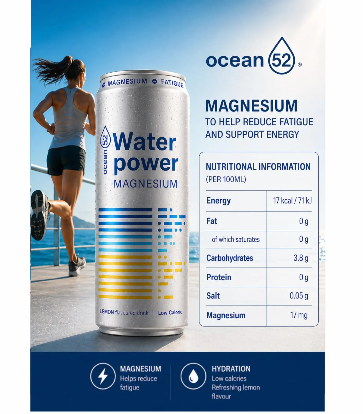 Agua en lata Water Power, de Ocean52. Agua Mineral Natural con Limón y Magnesio - Pack 24 unidades x 33cl. Agua en packs de 24 latas de 33cl. Agua mineral en lata x 24.