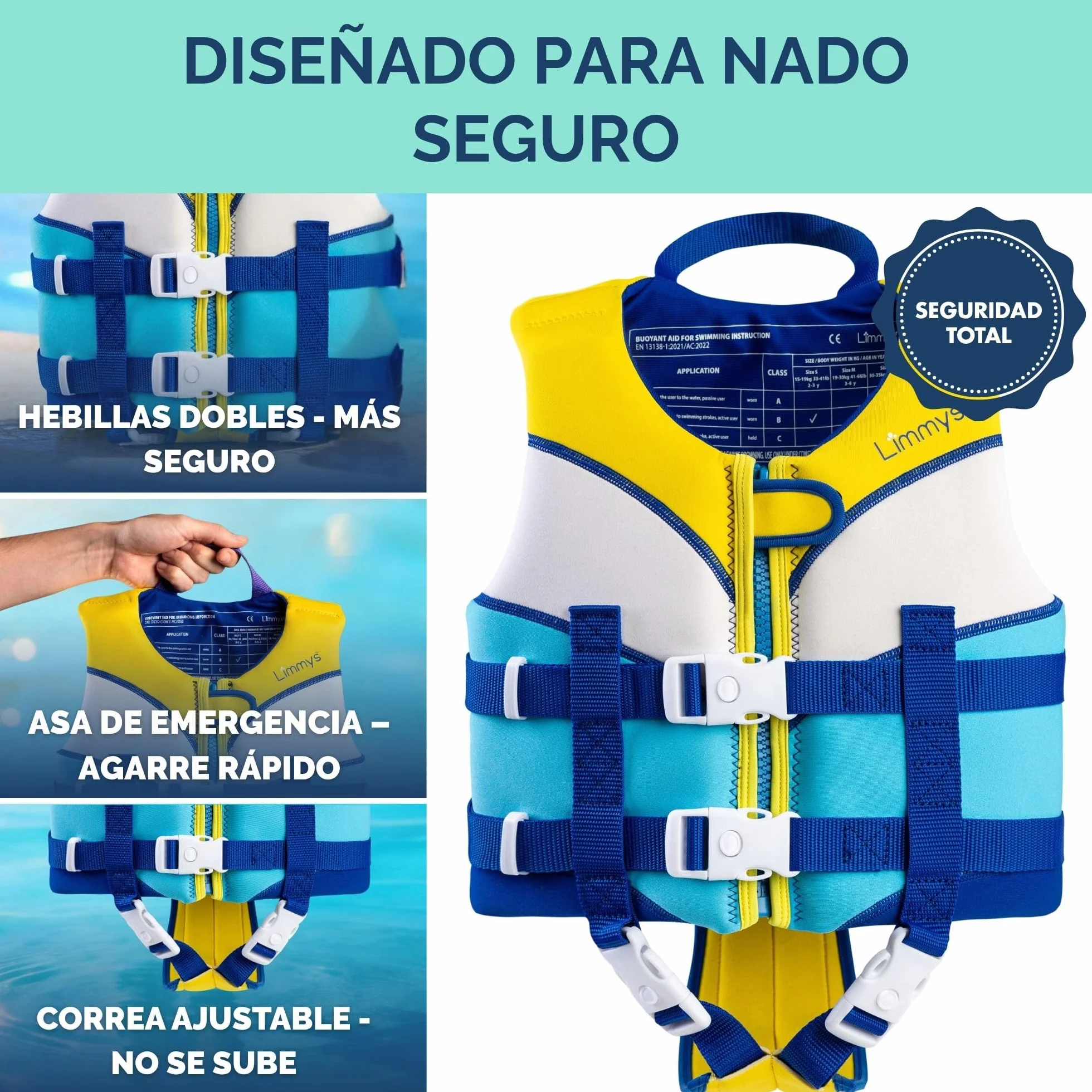 Limmys Chaleco de Natación para Niños con Paneles de Espuma, Certificado CE, Doble Cremallera YKK, Neopreno Premium