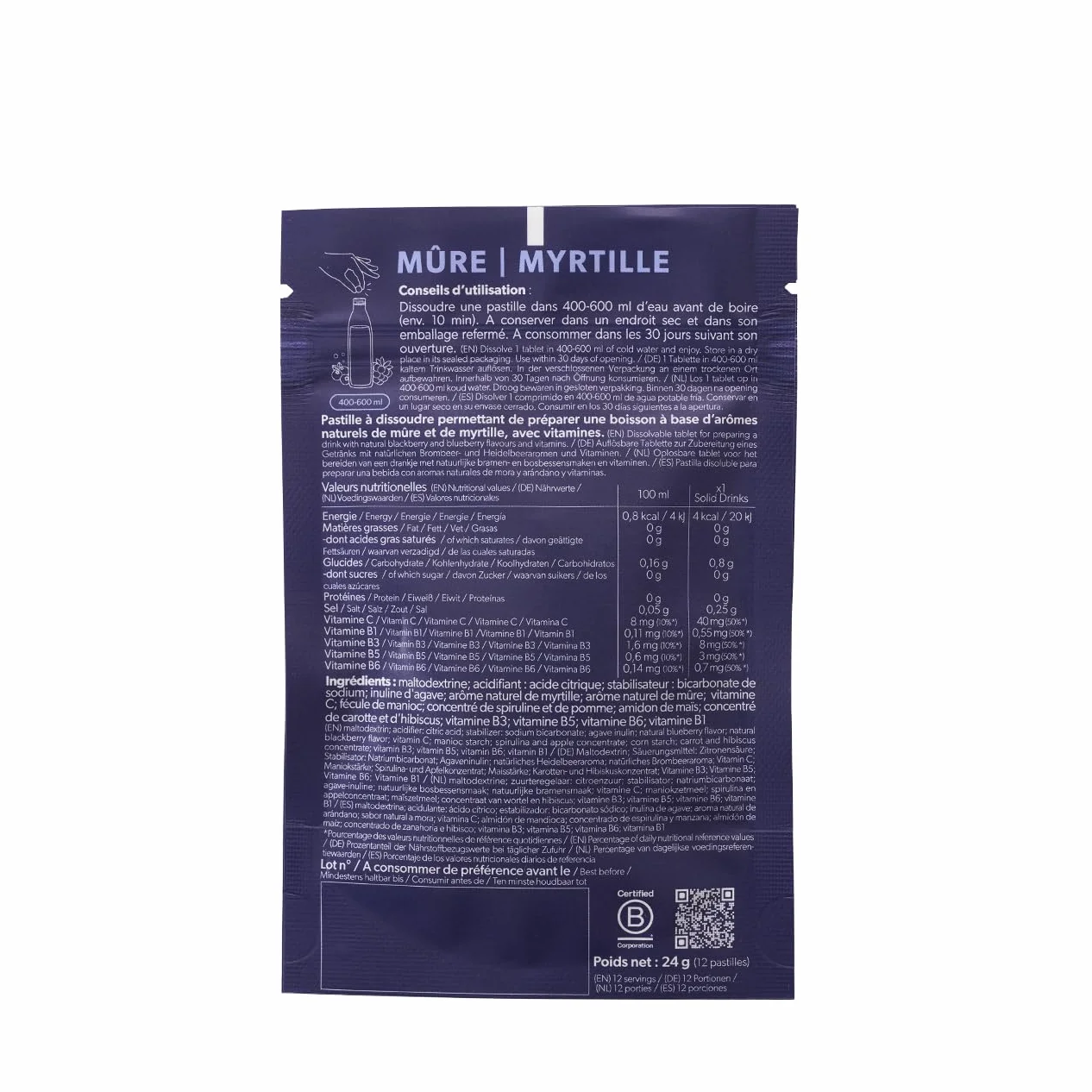 Qwetch – Solid Drinks – Moras y arándanos – Vitaminas C & B – 12 pastillas