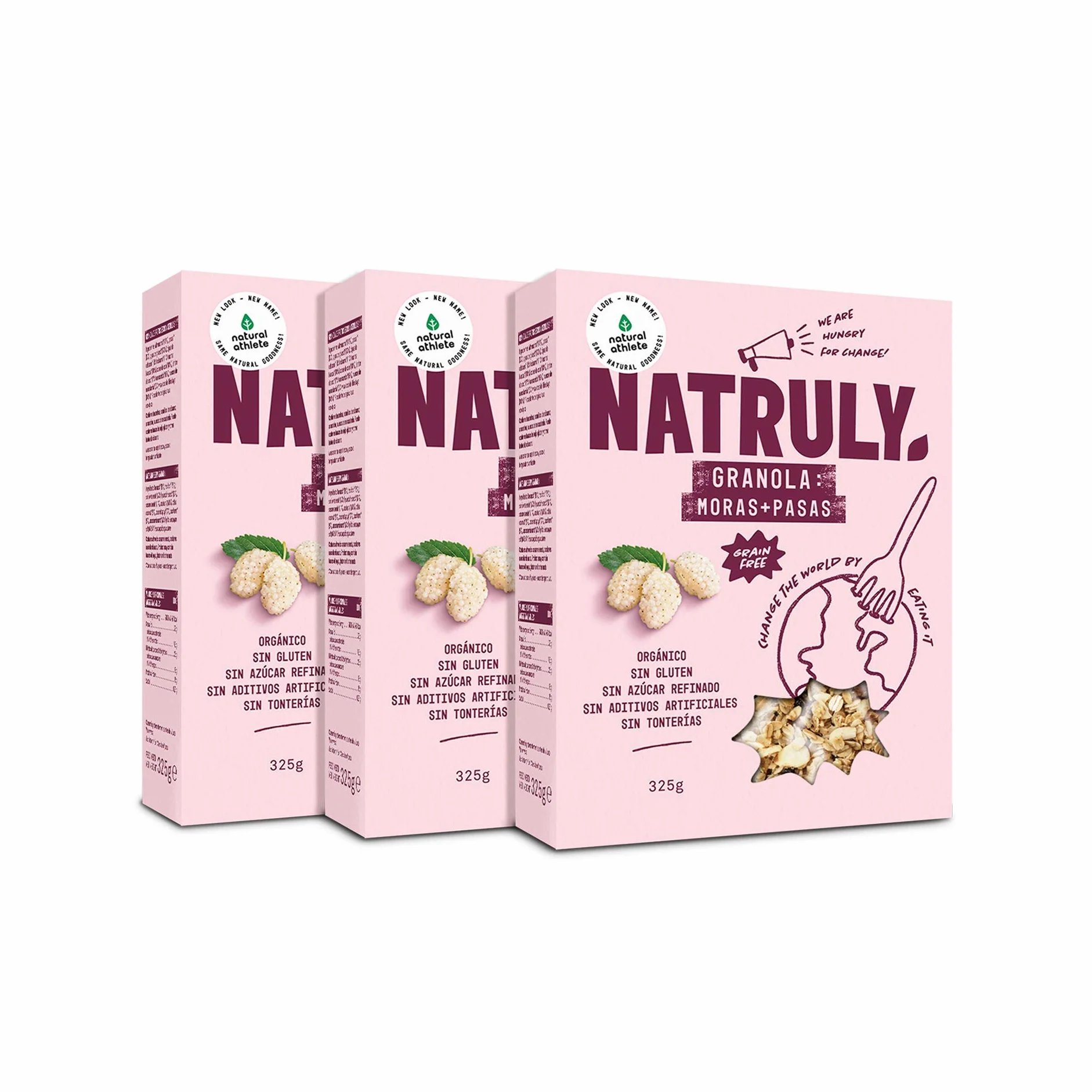 NATRULY Granola BIO de Frutos Secos y Semillas Sin Cereales, Sin Gluten y Sin Azúcar Refinado, Vegana, Sabor Moras y Pasas -Pack3x325g