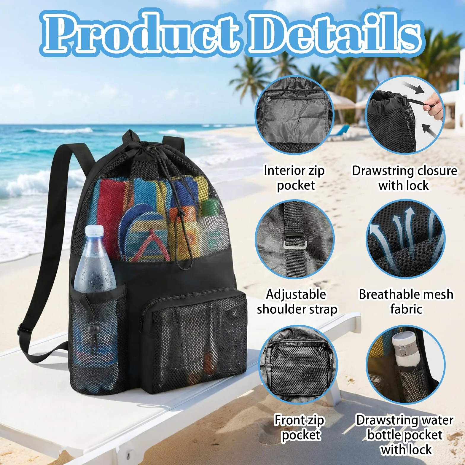 Mochila de malla para natación con cordón, Bolsa de playa ajustable para hombres y mujeres
