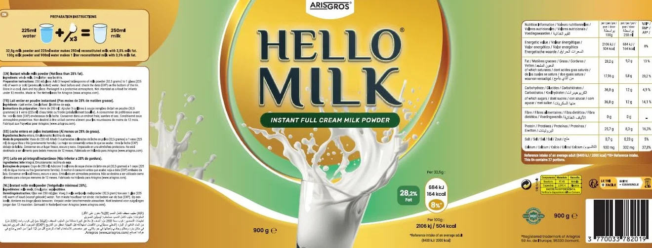 HELLO MILK 900g (Arisgros) - Leche en polvo entera instantánea (Instant Full Cream Milk Powder) min. 28% de grasa