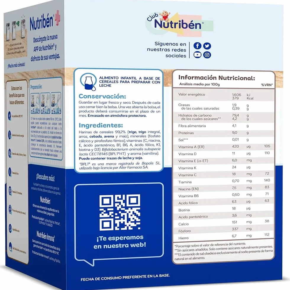 Nutribén innova ZERO 0% 5 Cereales, 500g, Trigo, Arroz, Avena, Cebada y Maiz, Bebés a Partir de 6 Meses, 0% Azúcares Añadidos y producidos, Cereales Integrales