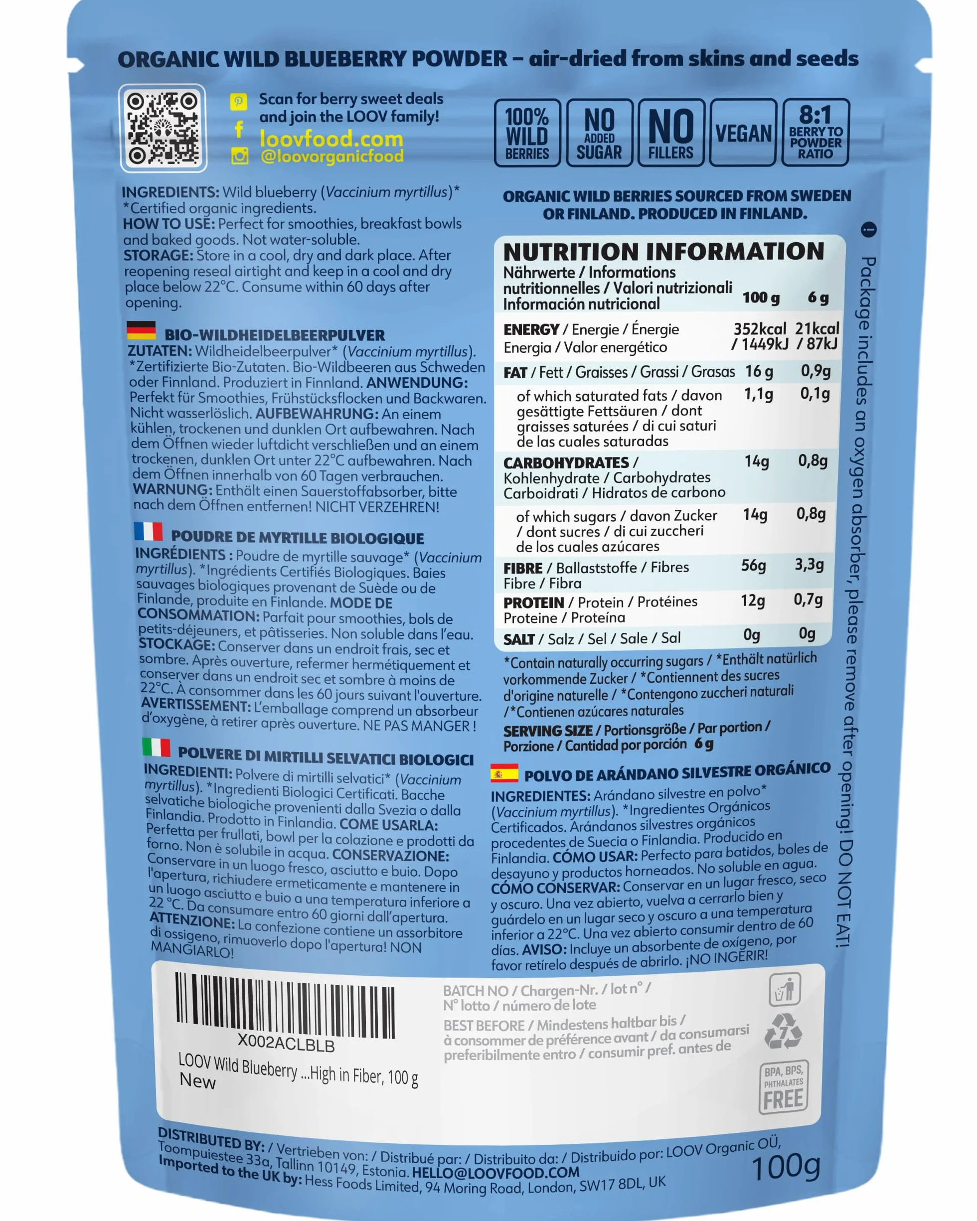 Polvo de Fibra de Arándano Silvestre LOOV – Elaborado a partir de pieles y semillas de arándano silvestre nórdico orgánico – Alto en fibra, fuente de proteína, sin azúcar añadido, 100 g