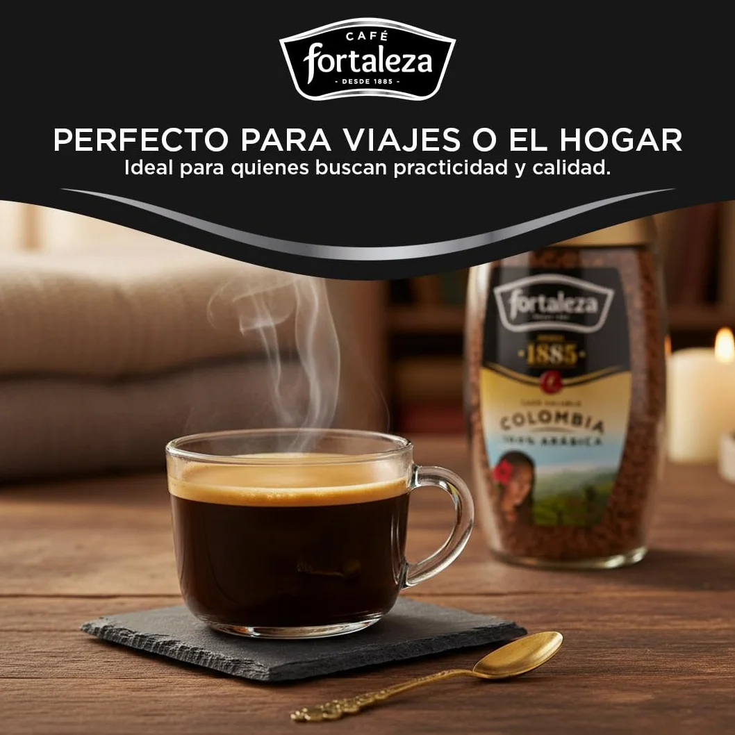 CAFÉ FORTALEZA Café Soluble 100% Arábica de Colombia Pack 100g x 6 (Total 600g) - Café Instantáneo Suave con Matices Florales y Herbales - Café Soluble de Tueste Natural para Despertar tu Día