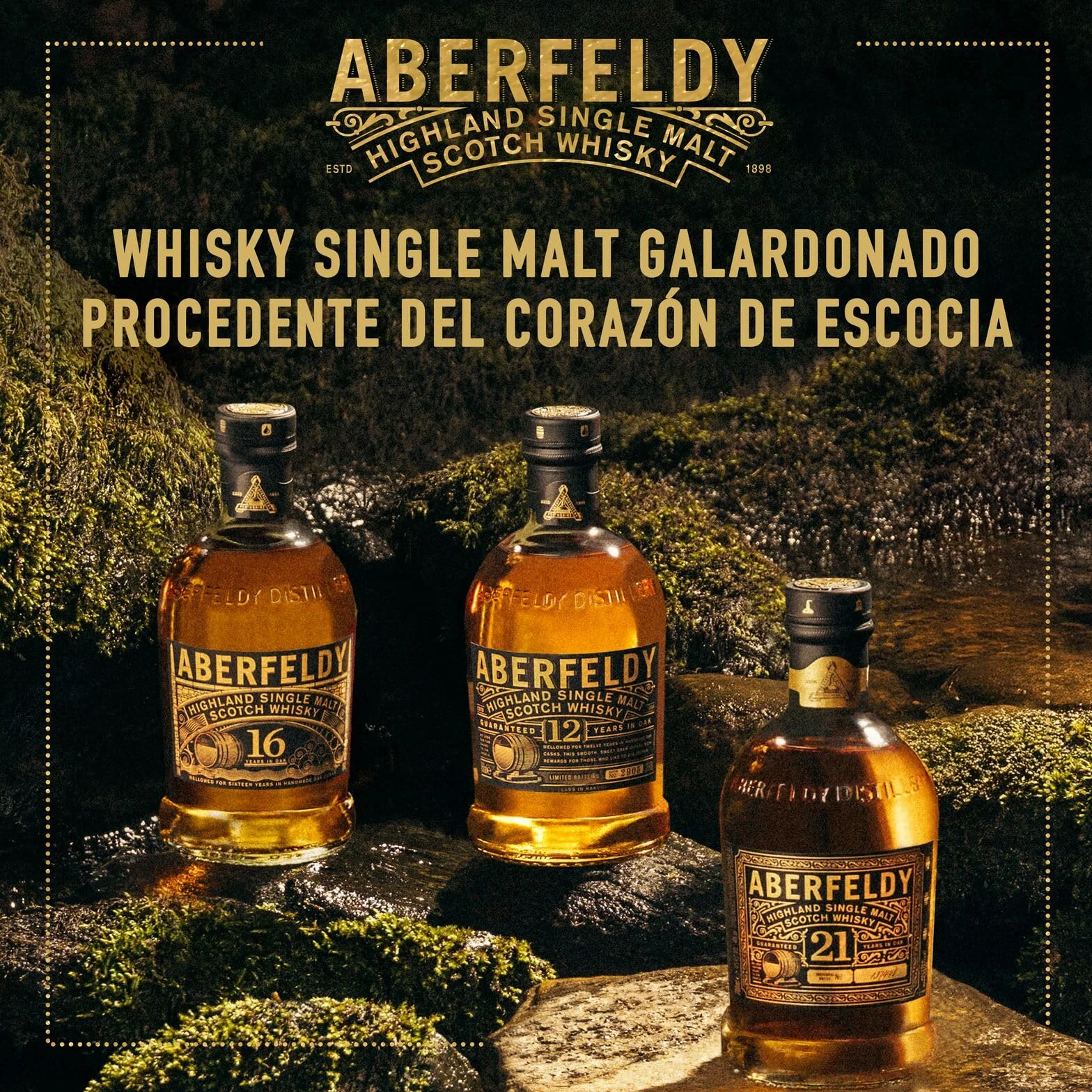 Scotch Whisky Single Malt Aberfeldy 12 Year Old, 40 % vol., 70 cl / 700 ml, whisky premium añejado en cuatro tipos de barricas distintas