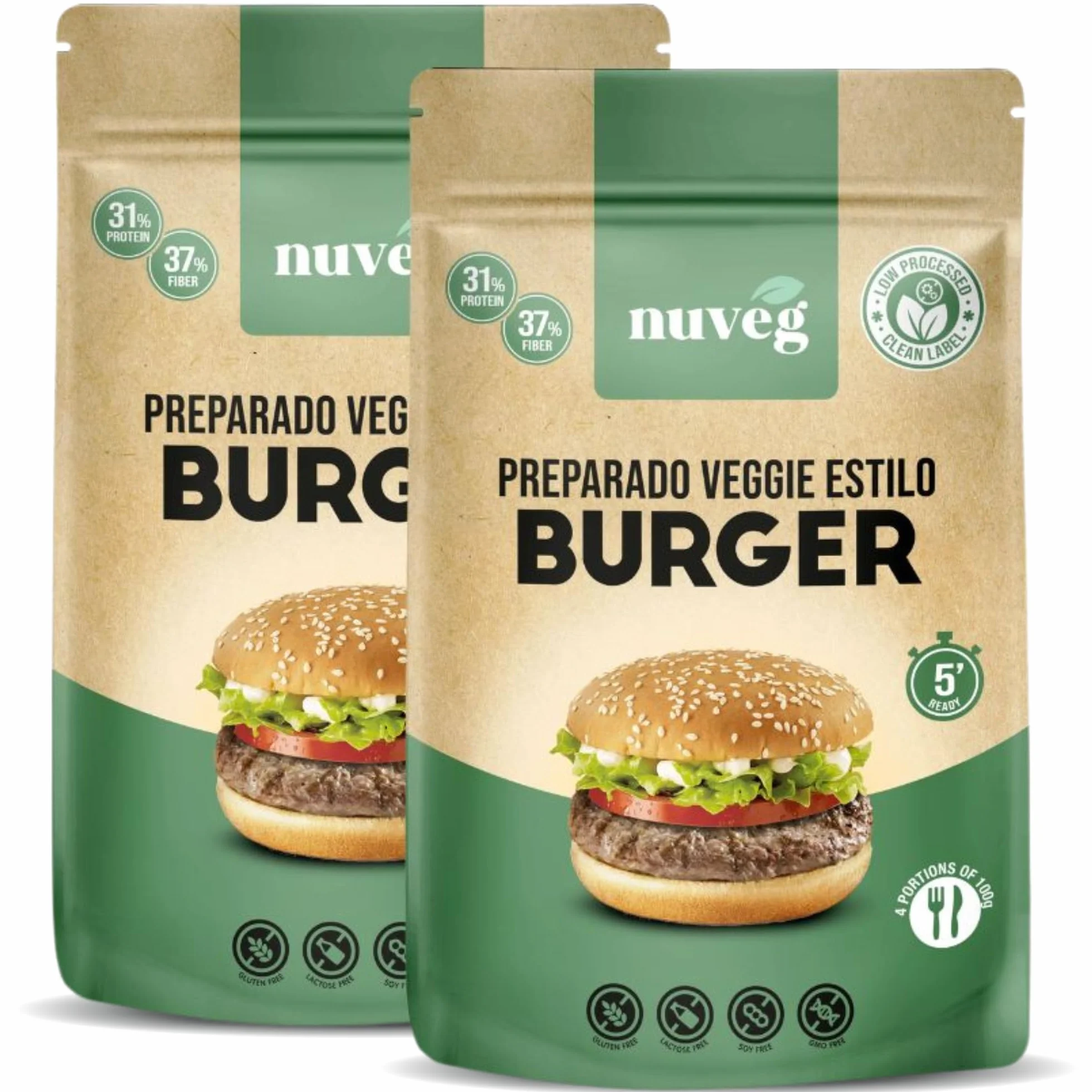 NUVEG Preparado Veggie para Hamburguesa Vegetal, Dieta Vegana y Vegetariana, Alto en Proteínas y Fibra, Sin Gluten y Sin Lactosa, Comida Preparada en Conserva, Fácil y Rápida, Pack 2, 270g