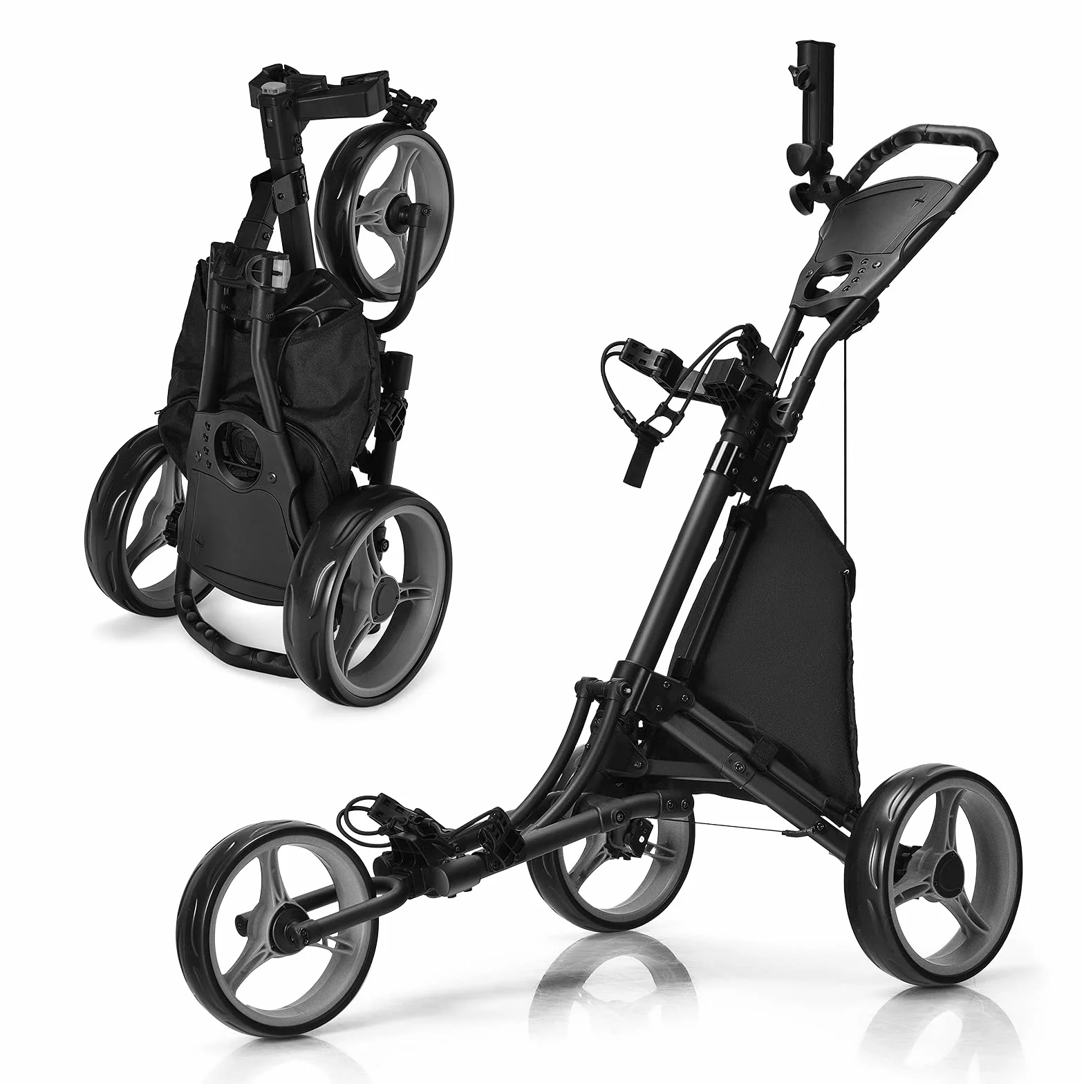 GOPLUS Carrito de Golf Plegable 3 Ruedas, Altura Ajustable, Aluminio, Portaparaguas, Bolsa Impermeable, Freno Pie, 121x70x116 cm