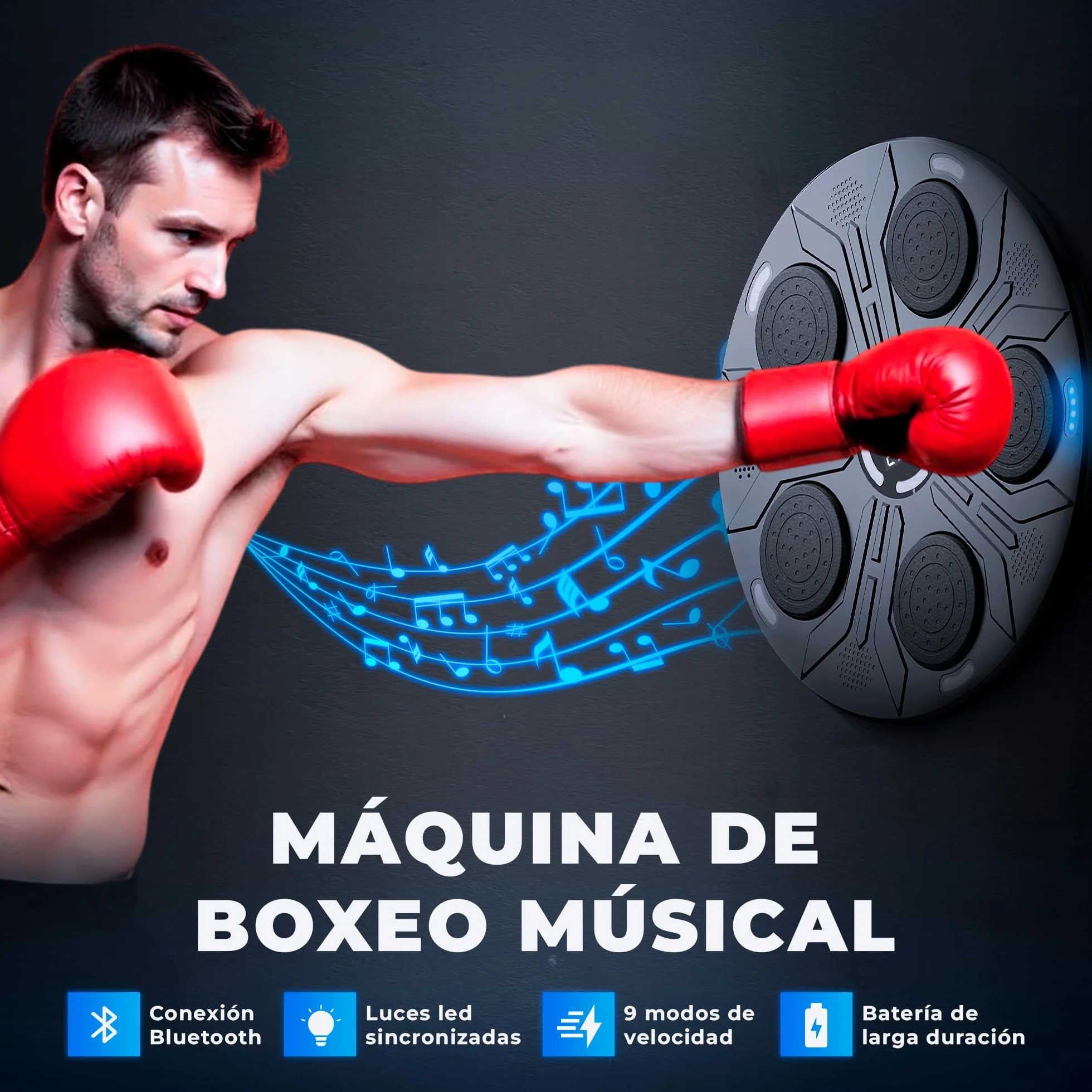 JUPPLIES Maquina de Boxeo Musical para Pared con Guantes, Diana LED y Bluetooth 9 Modos