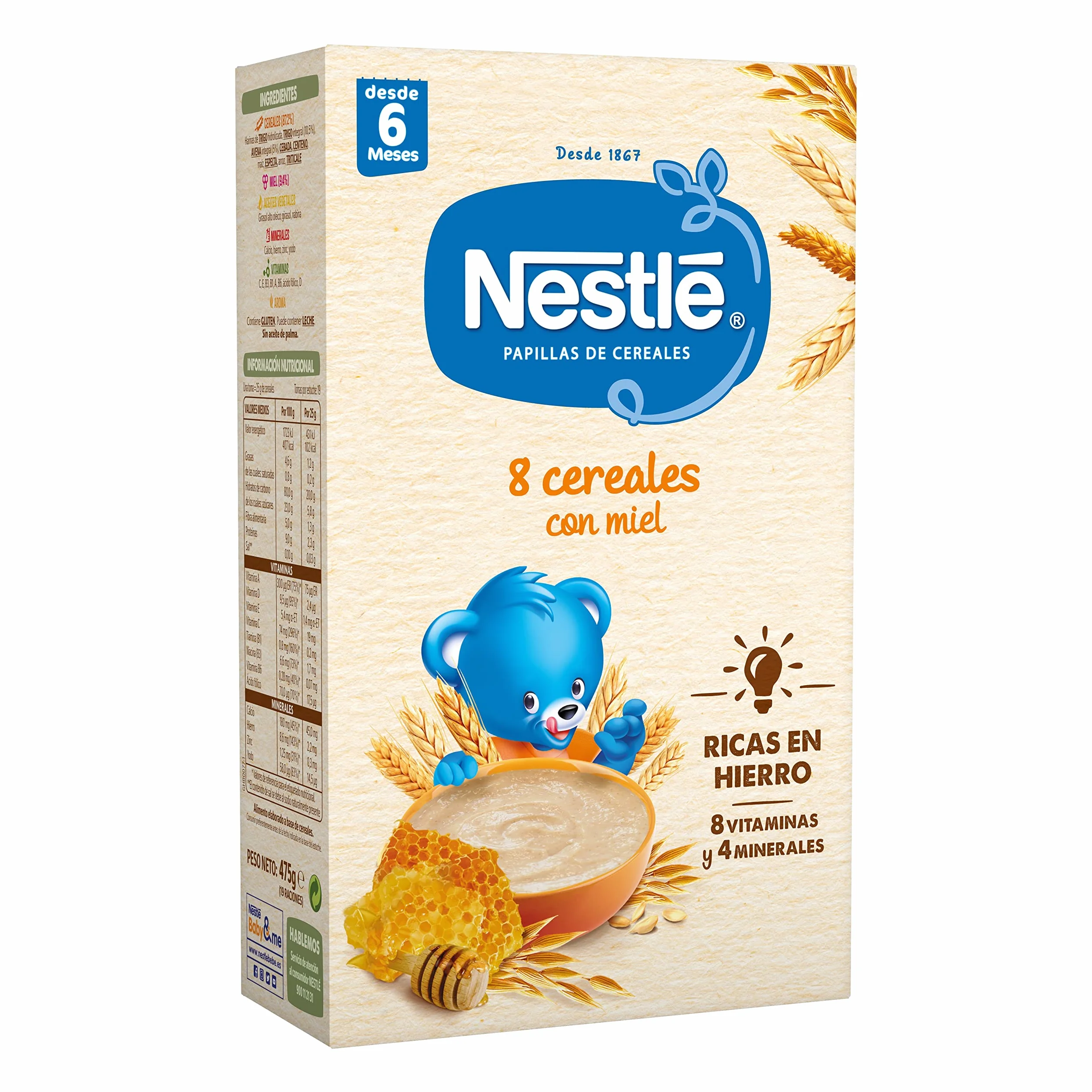 Nestle Papilla 8 Cereales con Miel, 6 Paquetes de 475g (Total 2.85 Kg)