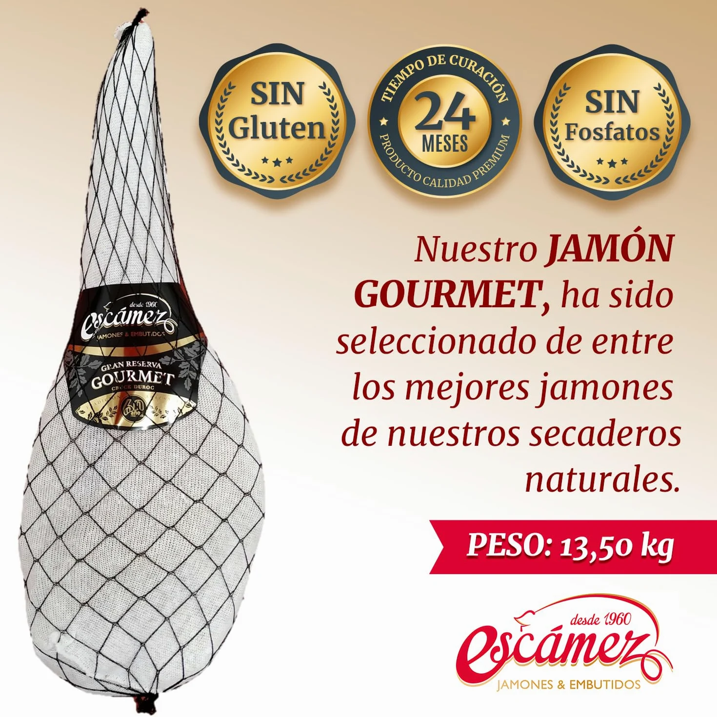Jamón Gourmet Gran Reserva Duroc | Perniles de 9 kg | Jamón Secado Duroc | Jamón de Curación Superior a 24 meses | Selección Gourmet | Sin Gluten