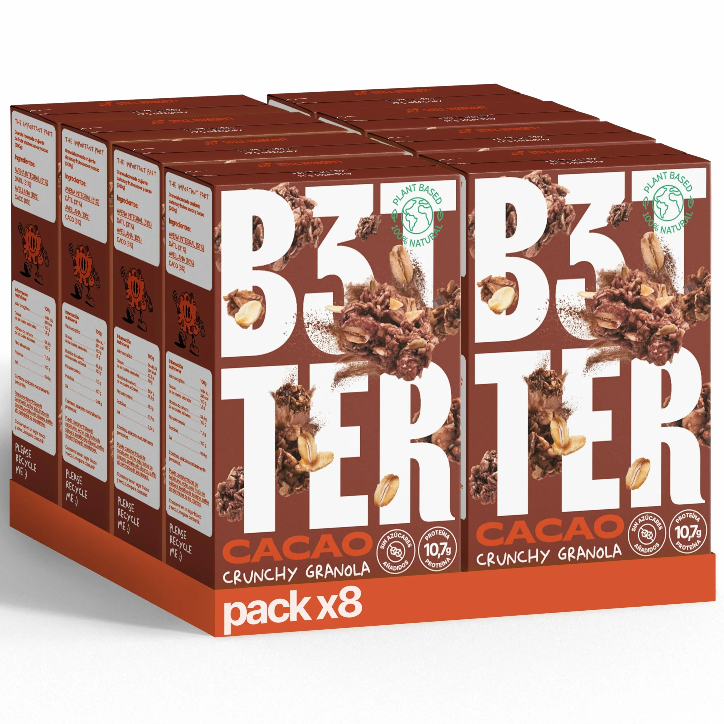 Granola B3TTER Cacao Crunchy Pack 8 x 300 g – Granola Sin Azúcar Añadido 100% Natural - Proteinas Vegetales - Cereales Integrales, Dátiles, Avellanas, Almendras - Rica en Fibra