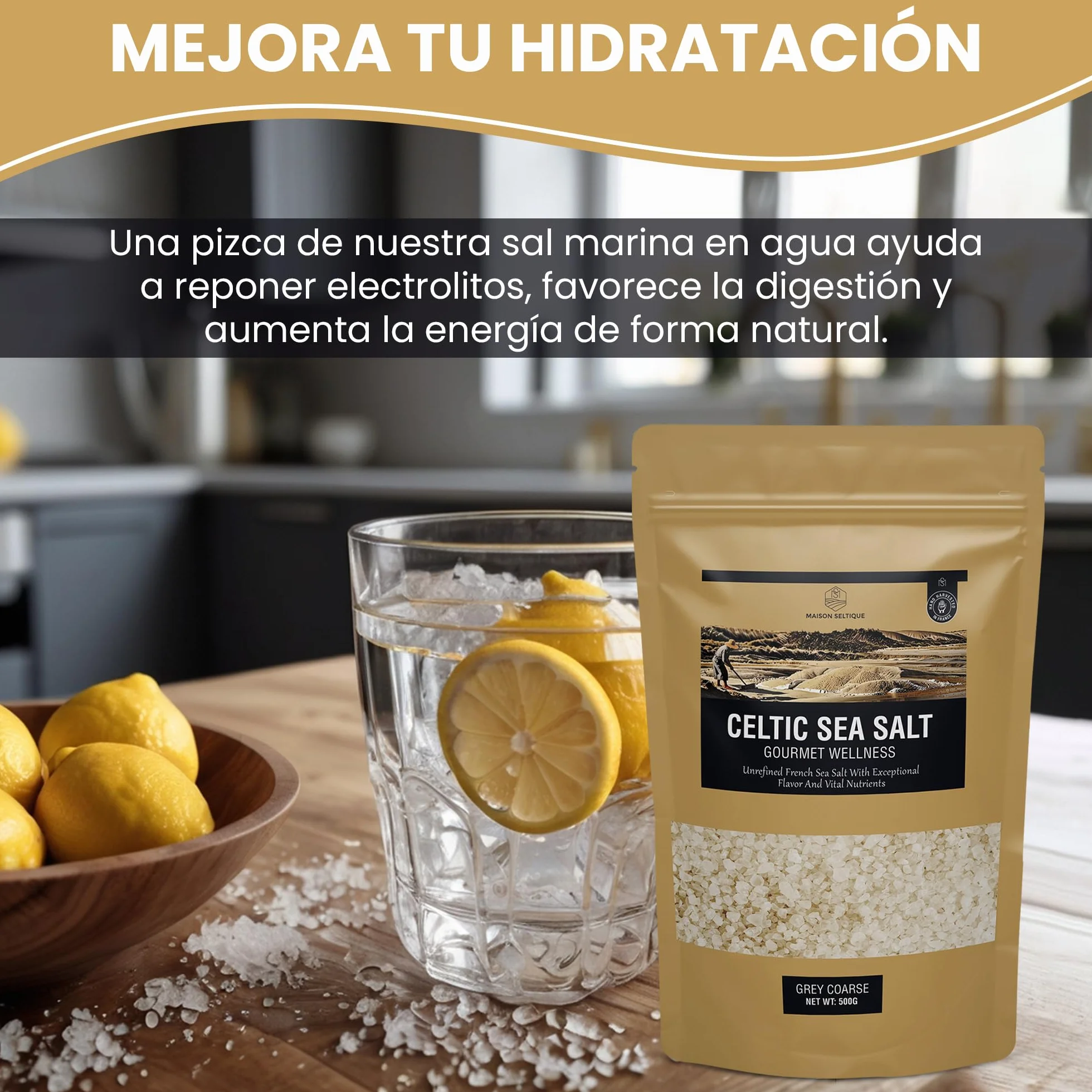 Maison Seltique Celtic Sea Salt, 100% Natural, Sal Celta Cosechada a mano, Artesanal - Pura y Sin Refinar | Sal Marina sin aditivos| Bolsa Resellable | Ideal para Cocina Gourmet y Saludable (500gr)