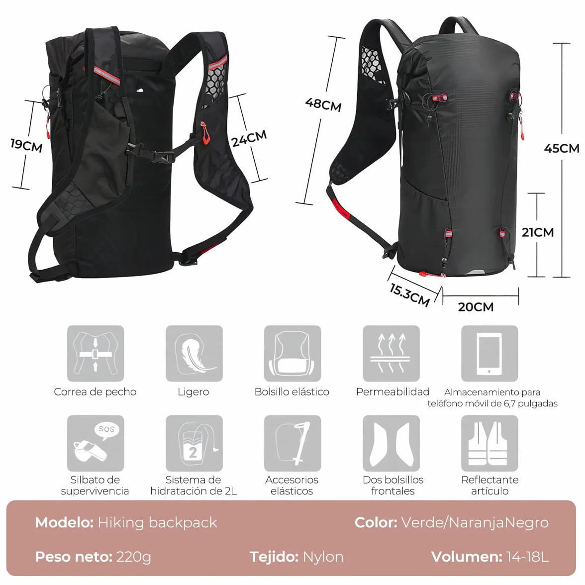Mochila de hidratación impermeable ligera para senderismo correr ciclismo