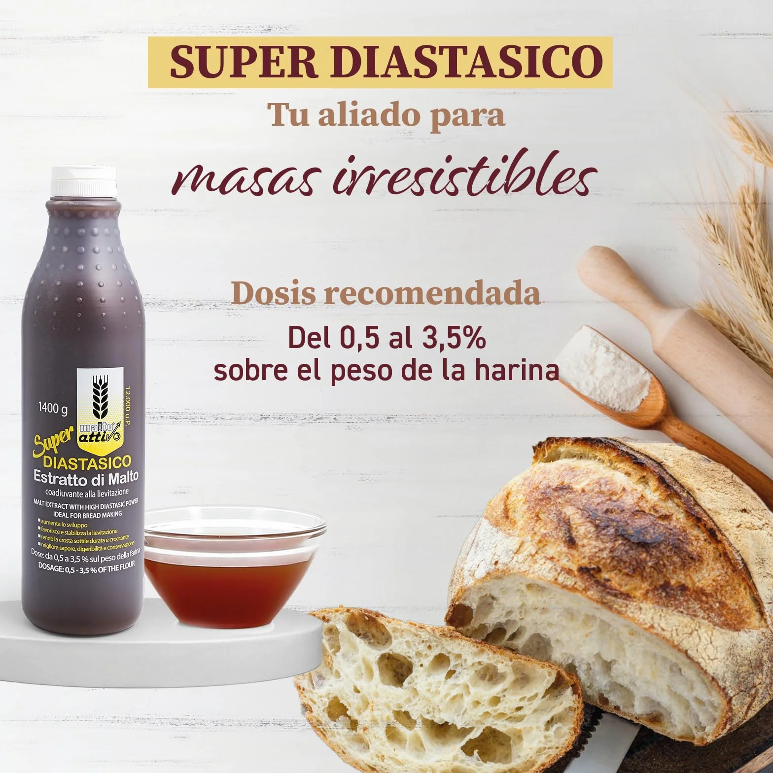 Malto Attivo Super Diastasico 1400g, Extracto de Malta de Elevado Poder Diastásico, Malta de Cebada y Maíz para Panificación
