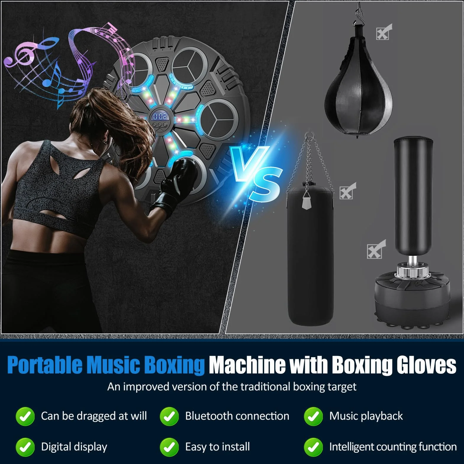Máquina de Boxeo Musical LED con Guantes, 3 Velocidades Ajustables, Bluetooth para Adultos y Niños