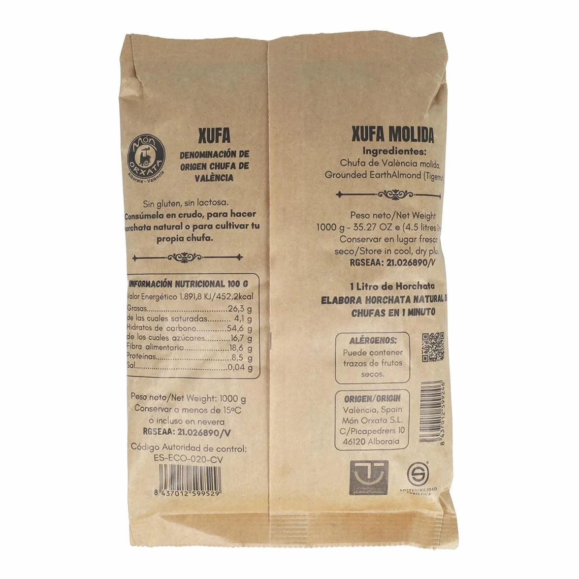Chufa ecológica BIO 1 Kg Atmósfera protectora D.O. València - Món Orxata. Ideal para consumo en crudo o para elaboración de horchata. Conservar a menos de 15º