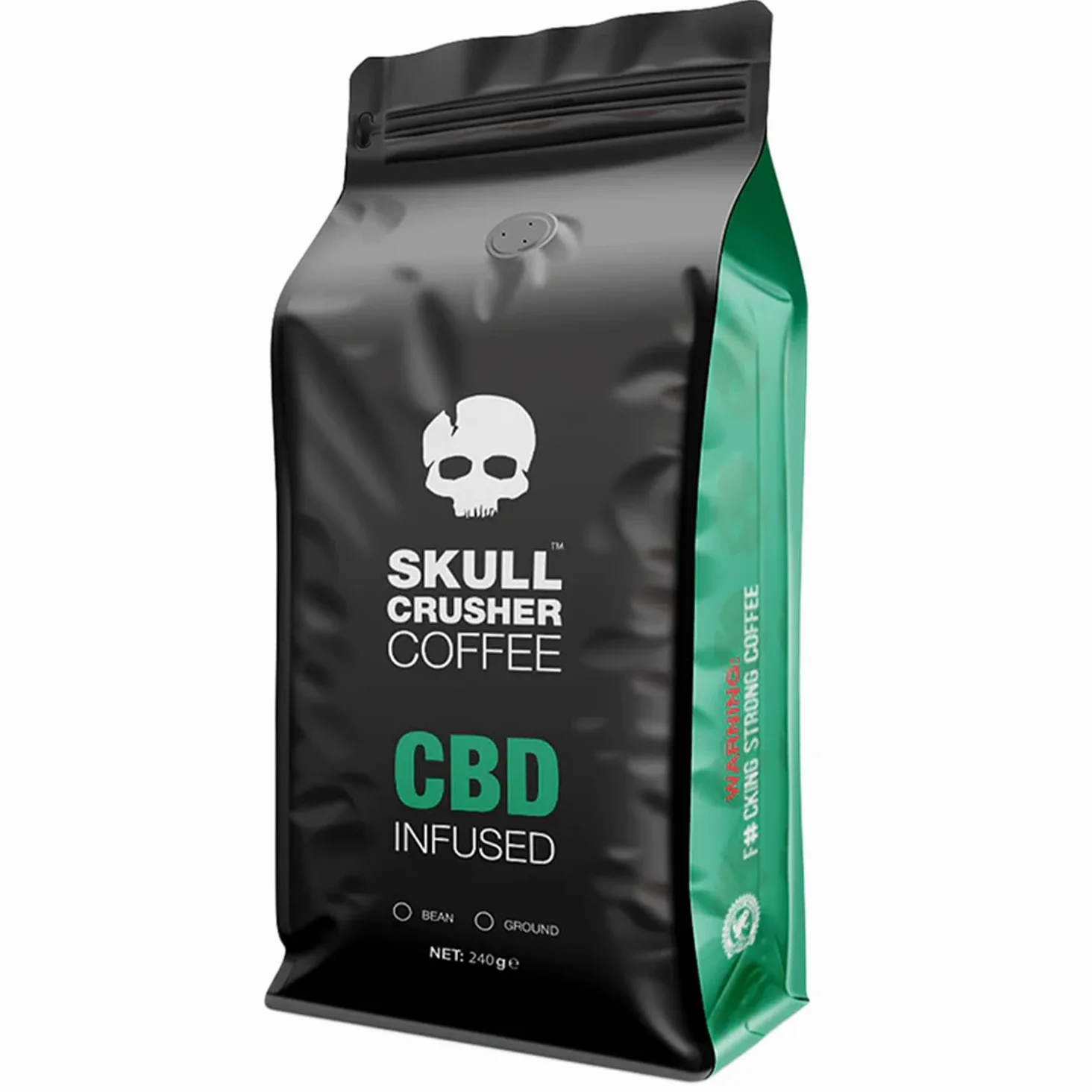 Skull Crusher Infused Ground Coffee con alta cafeína. Café molido tostado oscuro, 100% natural y certificado Rainforest Alliance. Advertencia: el café más fuerte del mundo. 500g.