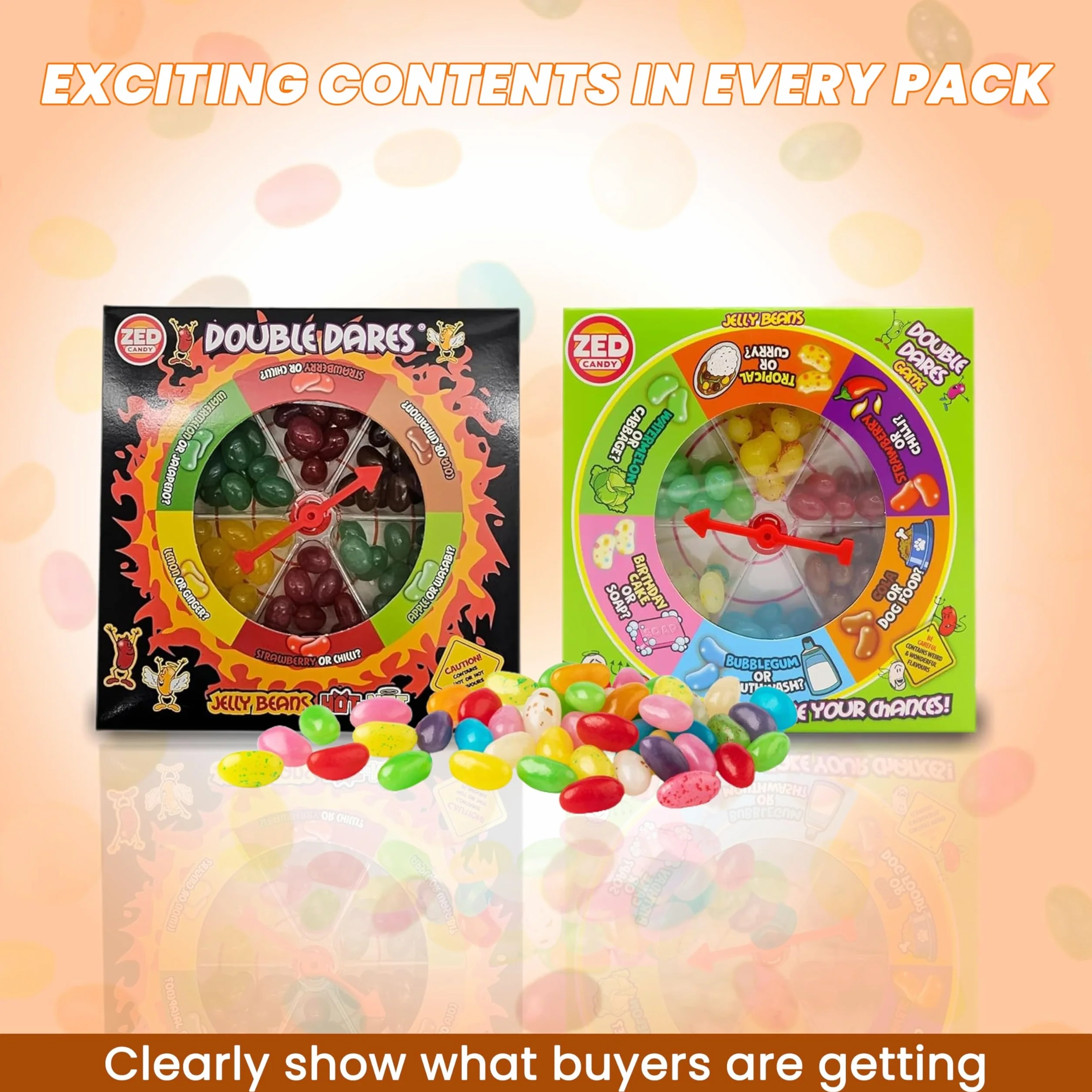 Double Dares Hot or Not Jelly Bean Game - Paquete de 100g (Pack de 2) | Desafío de Dulces Gira-la-Rueda con Sabores Frutales y Sorpresa | Diversión para Niños y Adultos