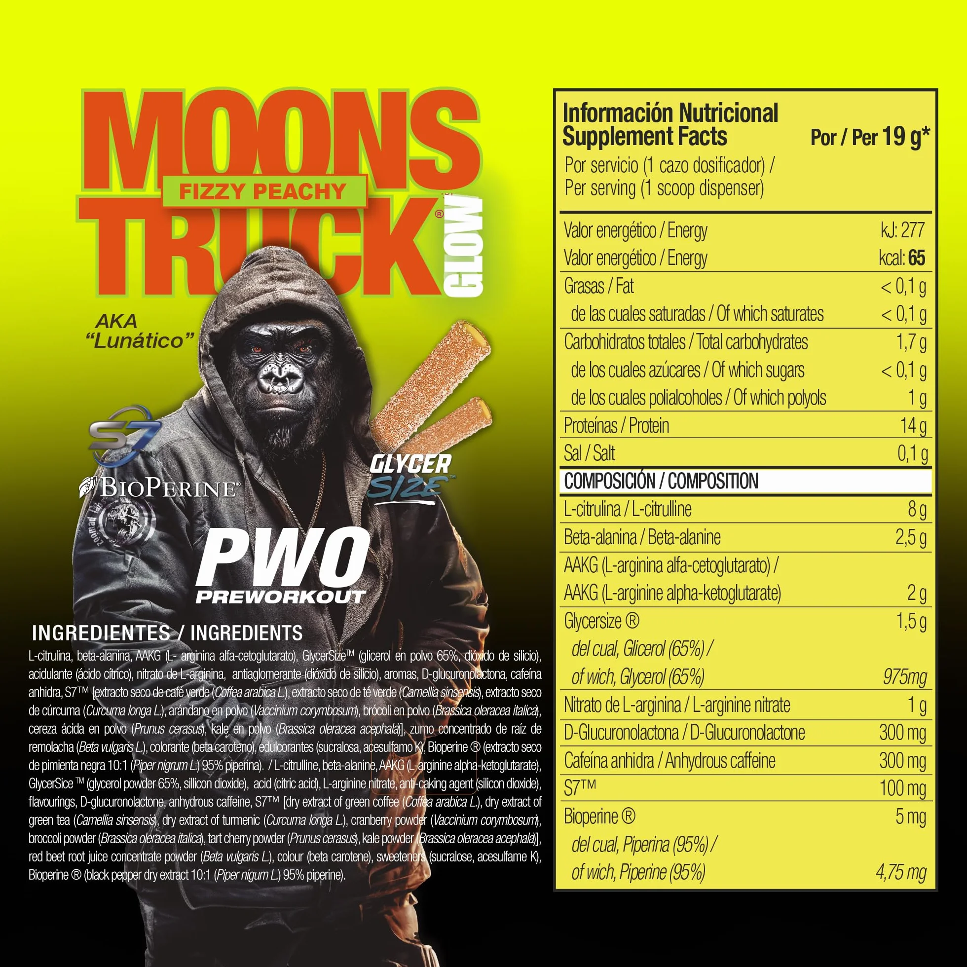 Pre Workout Moonstruck Glow Zoomad Labs 494g – Preentreno Premium para Gimnasio con Cafeína, Óxido Nítrico, Pump Extremo y Fuerza – Bote 3D Gorila Glow que Brilla - Fizzy Peachy