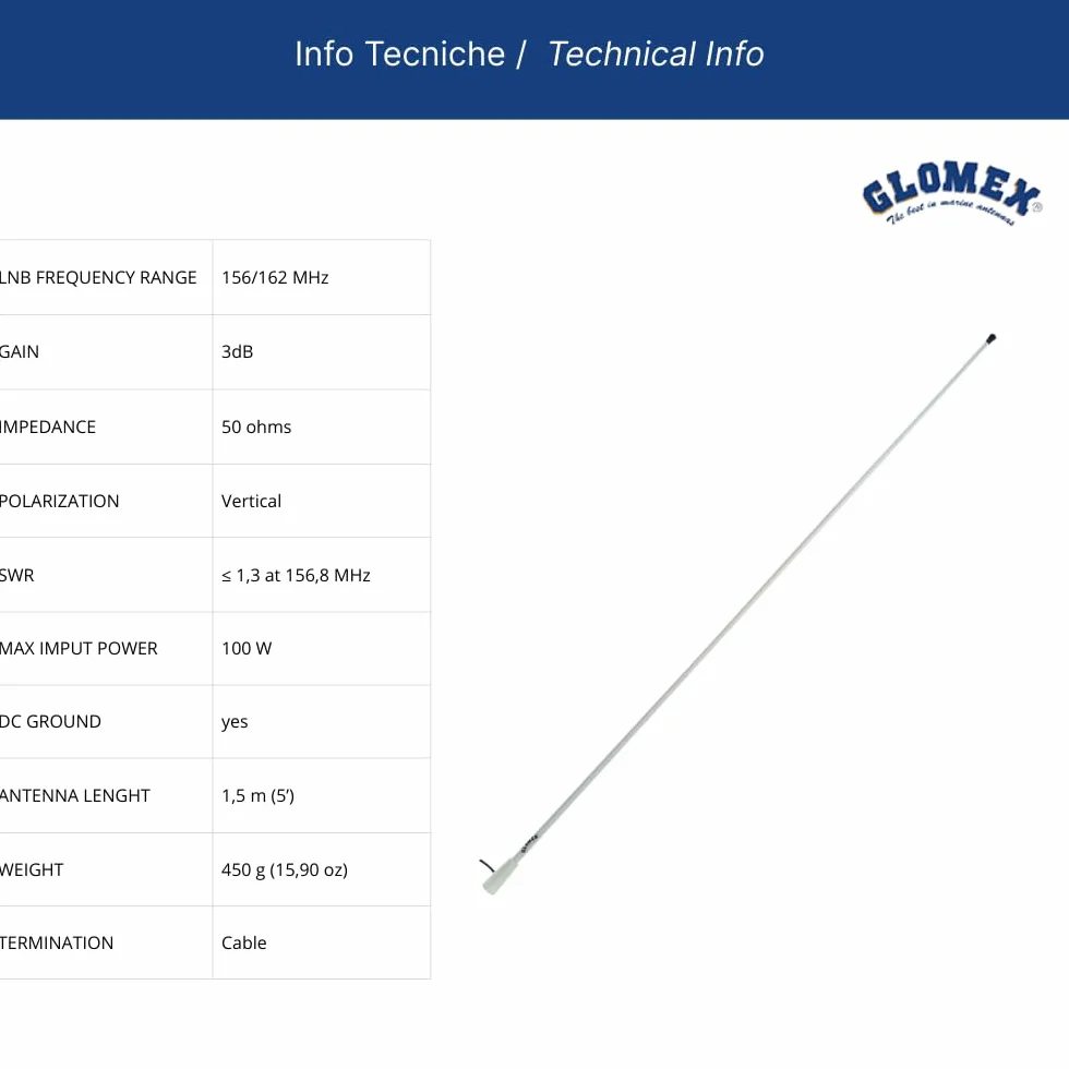 Glomex Antena VHF RA112 1,5 m 3 dB Fibra de Vidrio para Barcos a Motor