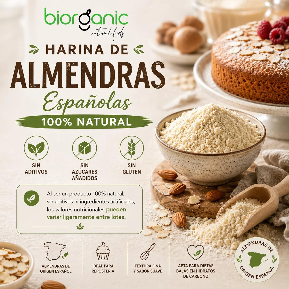 Harina de almendra 2kg EXTRAFINA, Keto, sin gluten. Origen España. 100% natural. Certificado sin MGOs. Marca española.