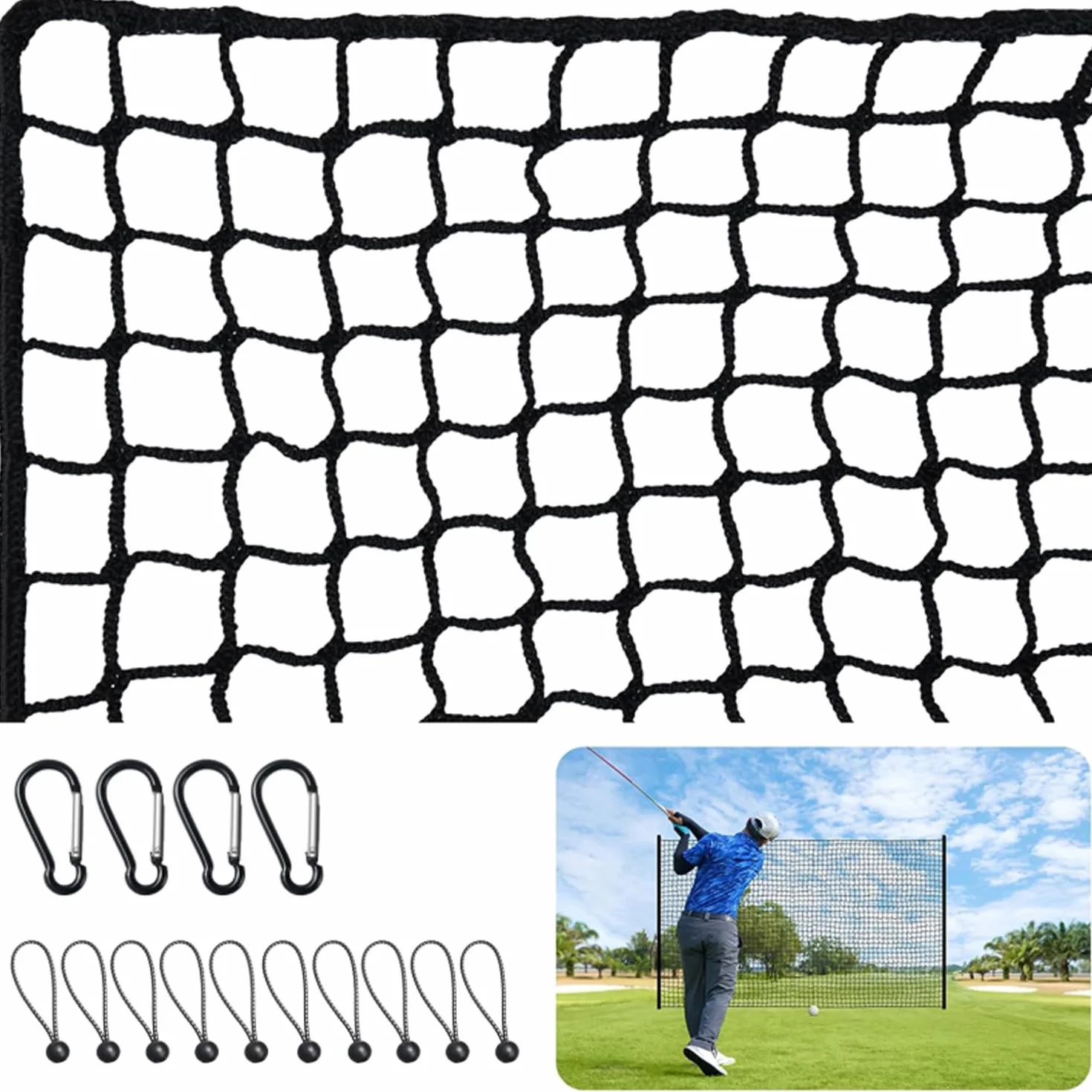 Red de Práctica Golf con Cuerdas de Sujeción, Poliéster Resistente para Entrenamiento Exterior/Interior - Portátil y Antidesgarro Negro