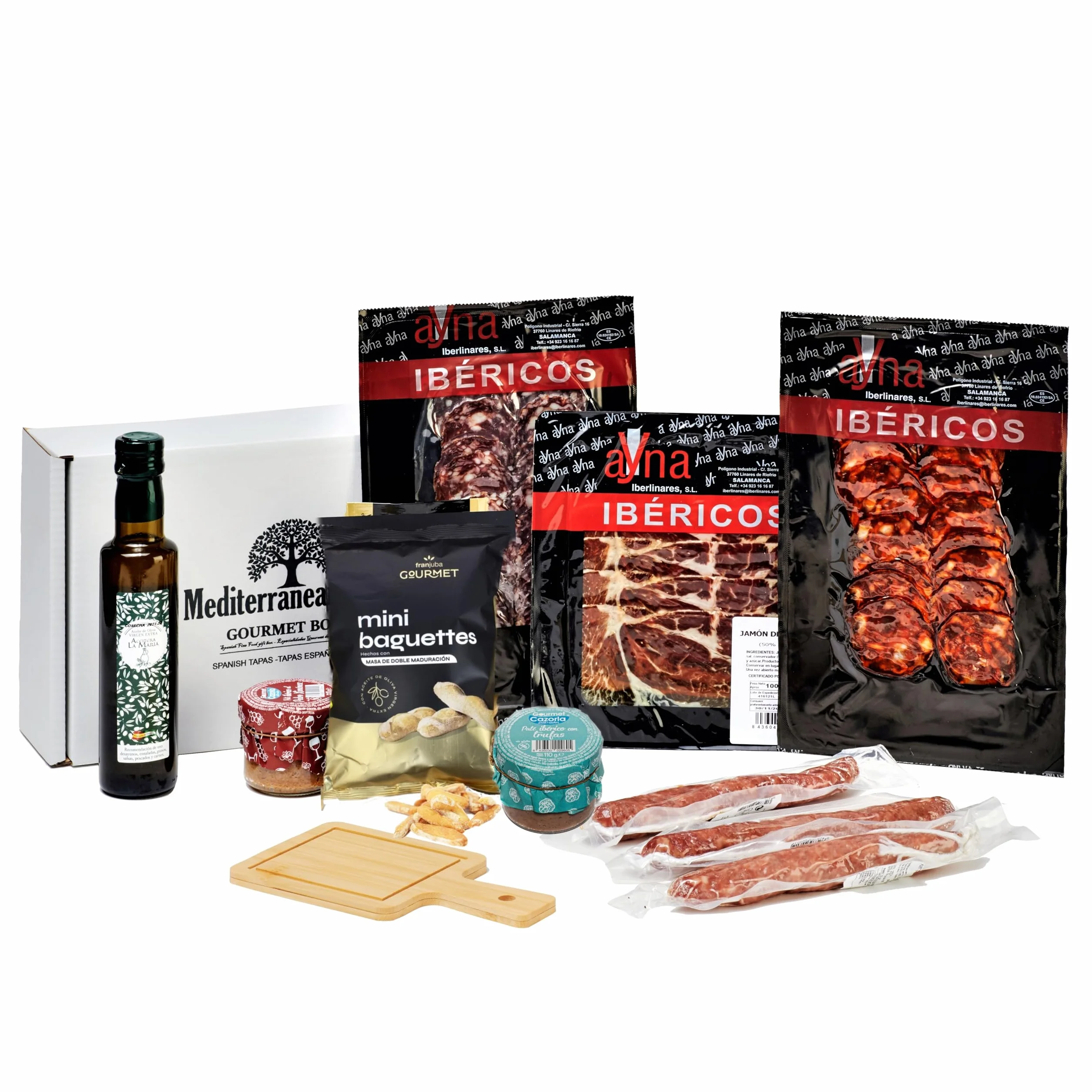 Caja Cesta Gourmet Regalo - Lote embutidos Ibericos salchichón chorizo y jamon + Pate Iberico de Trufa y Pedro Ximenez + 3 piezas Fuets +Aceite Oliva Virgen Extra + Picos Artesanos