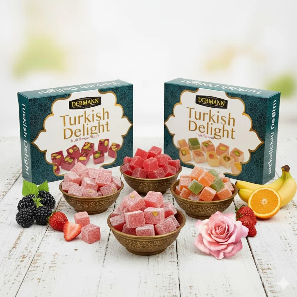 Delicias turcas 4x100g (Set de 4 Sabores: Rosa, Frutas, Frutos Secos y Granada) | Sin gluten | Confitería tradicional de lujo | Vegano, Halal, El Mejor Lokum Turco, Loukoumi