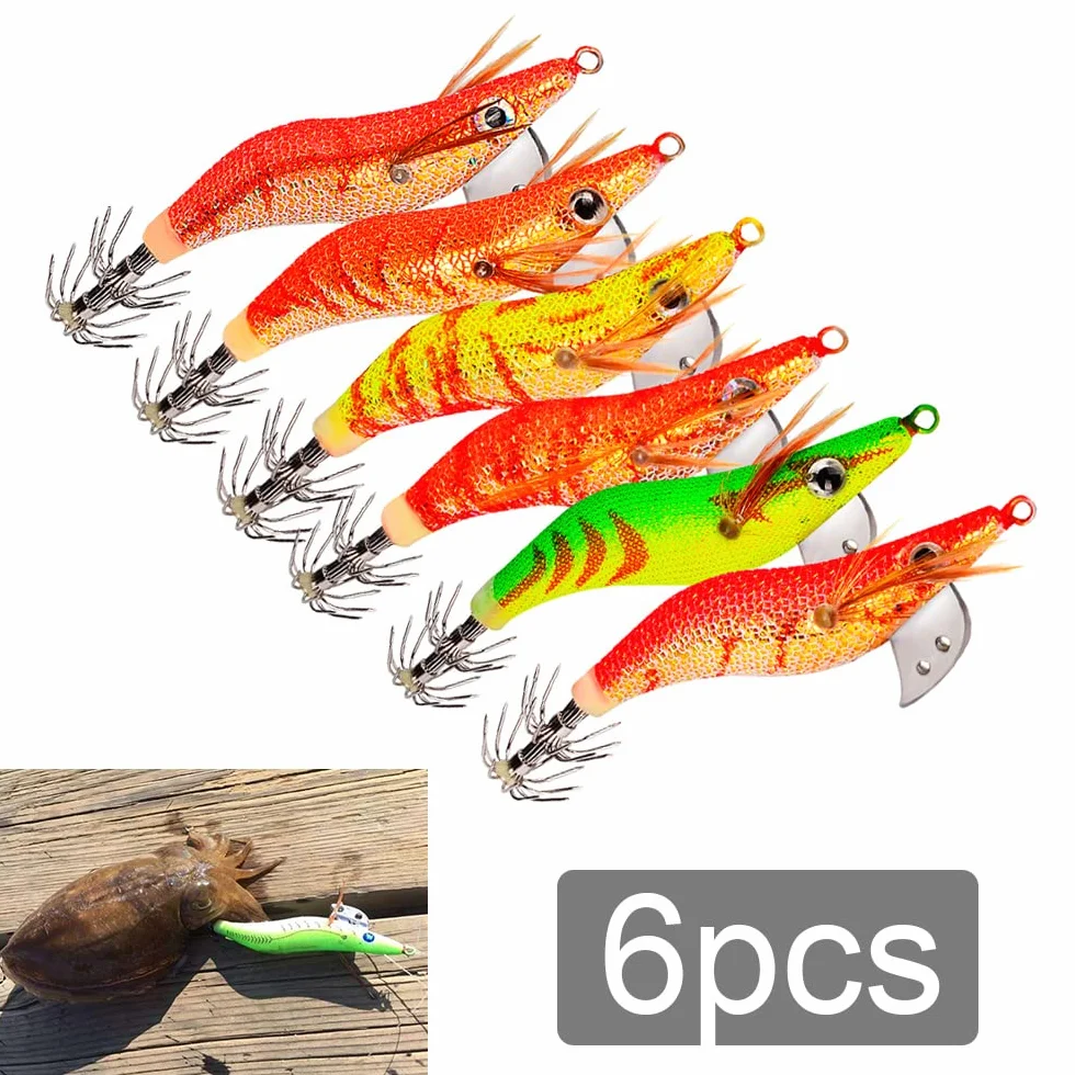Cebos de Pesca Calamar Pulpo Camarones, Jig Ganchos Señuelo Falso 6pcs