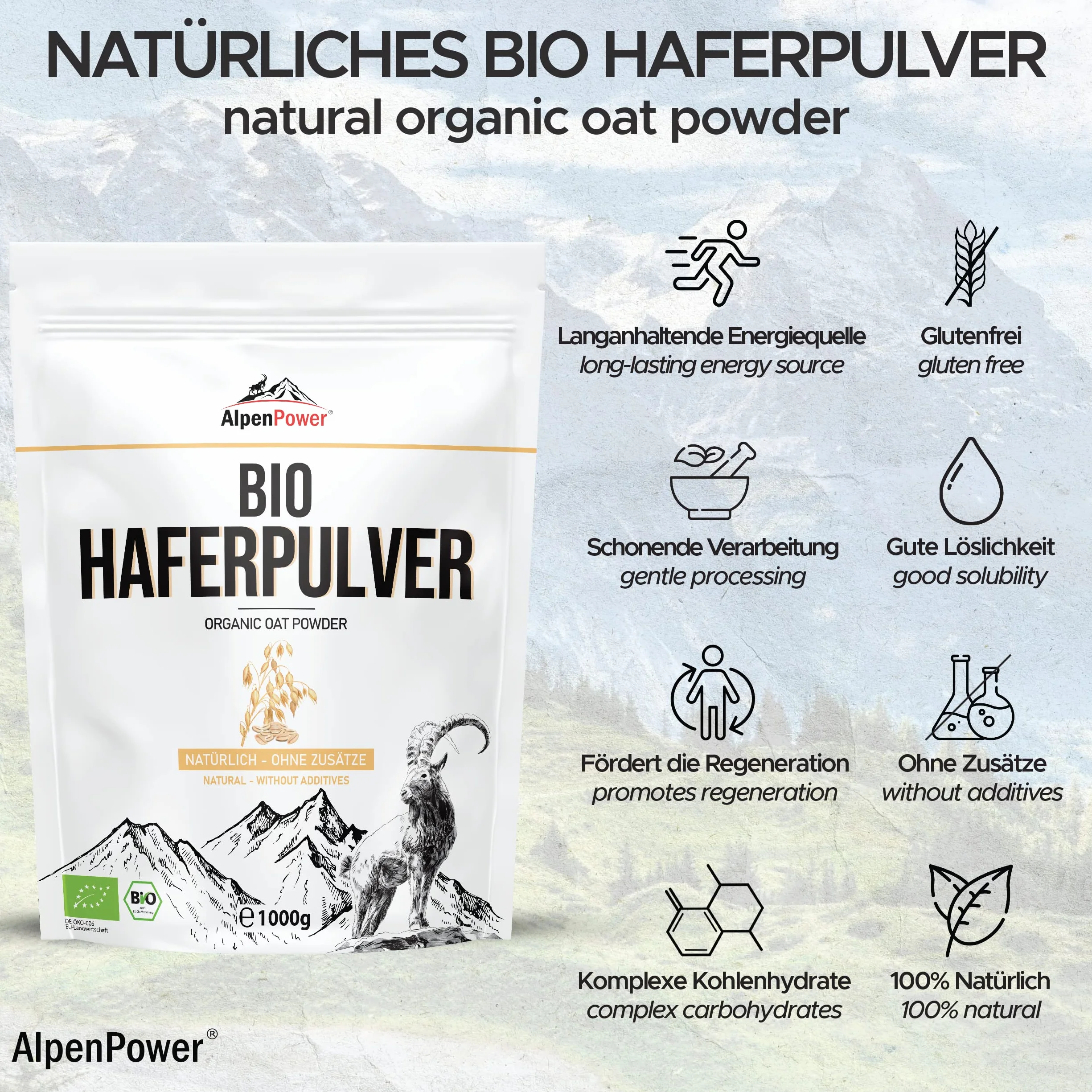 AlpenPower Avena Orgánica en polvo 1 kg - 100% pura avena integral en polvo sin aditivos - Sin gluten y rico en carbohidratos complejos