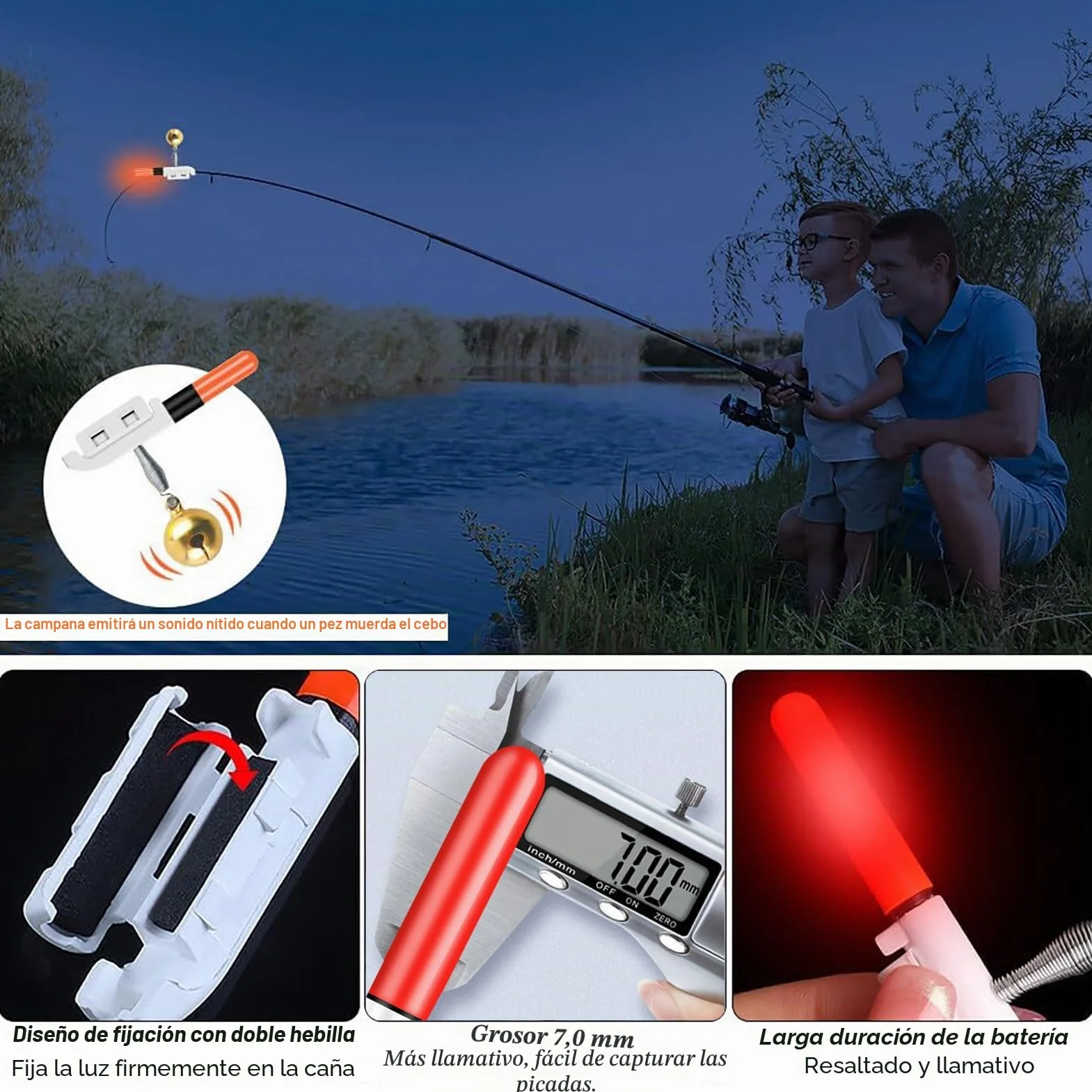 DONGZQAN 4 Piezas Alarma de Picada con Linterna para Pesca Nocturna con Cargador y Batería