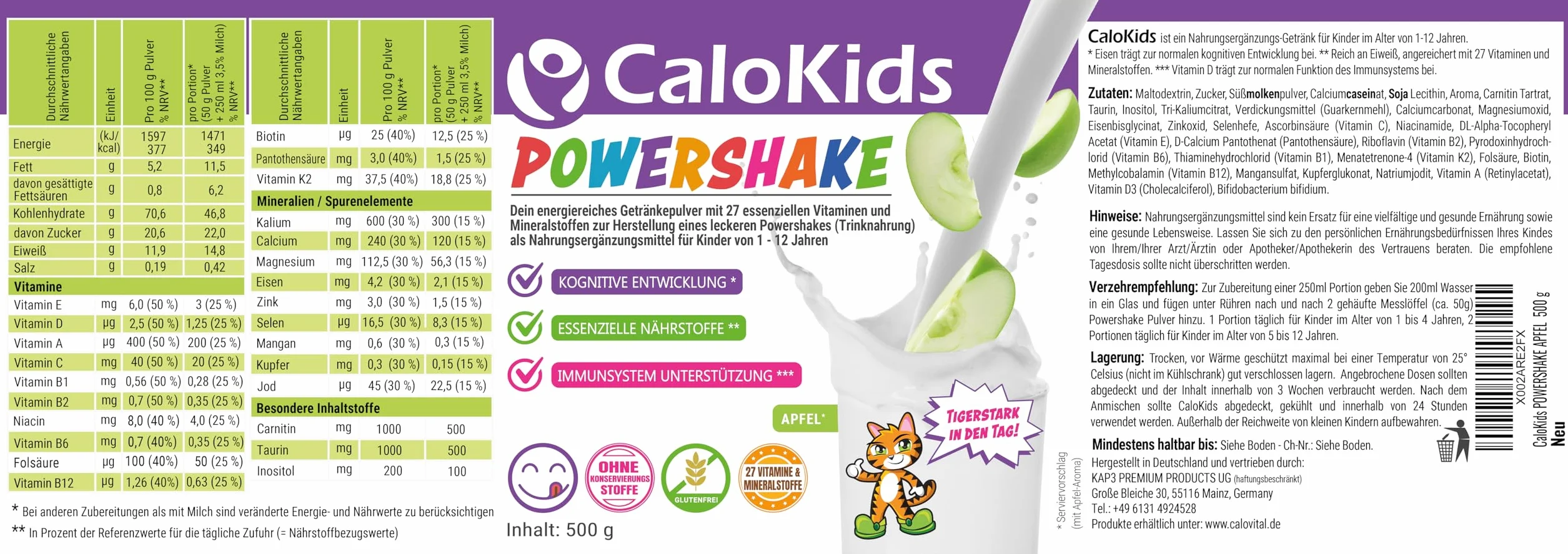 Beber Alimentos Niños Powershake Suplemento Dietético para Niños de 1-12 Años | 27 Vitaminas Minerales y Proteínas para apoyar el Desarrollo del Crecimiento y el Sistema Inmunológico | CaloKids (500 g