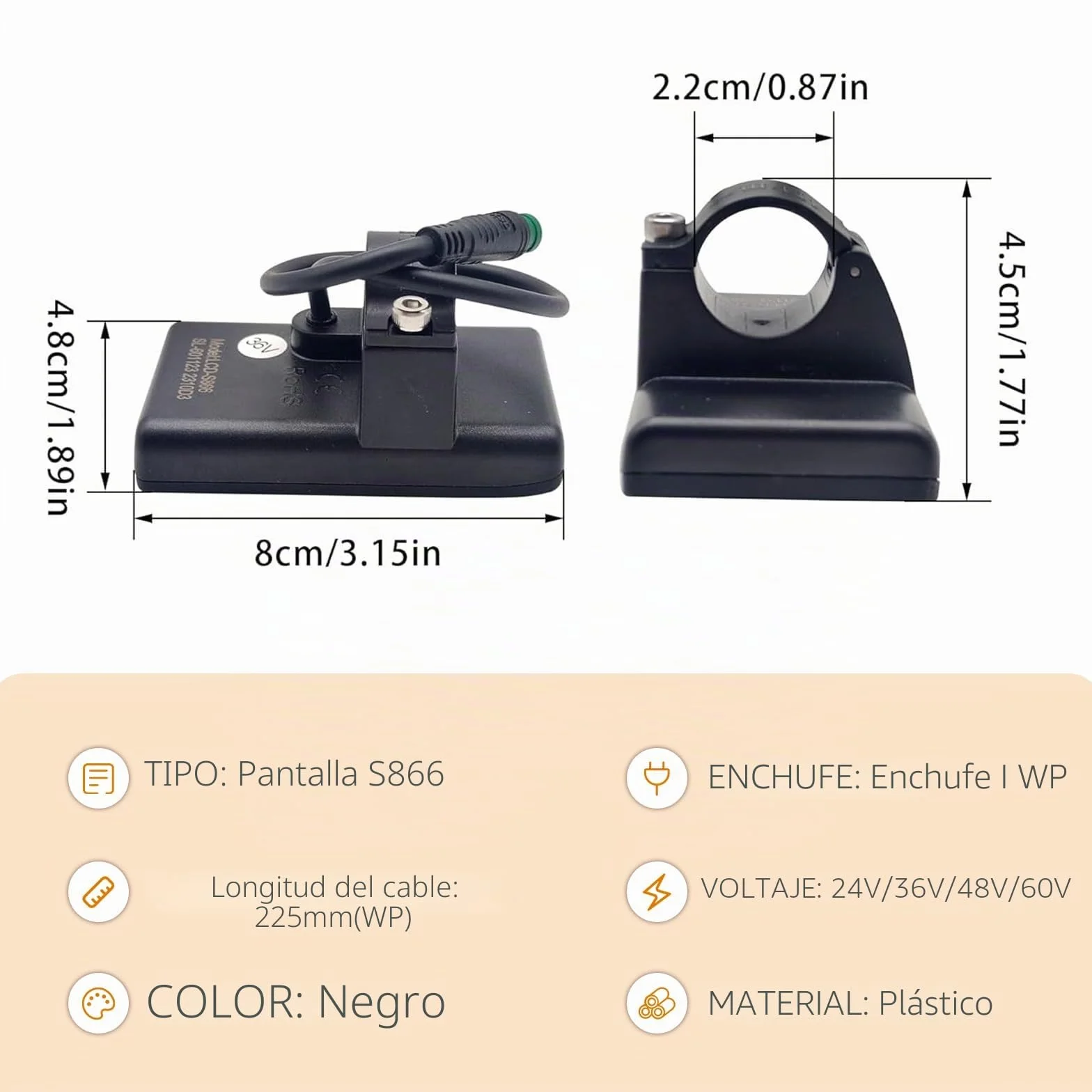 Pantalla LCD S866 para Bicicleta Eléctrica 5 Pines Impermeable 24V 36V 48V