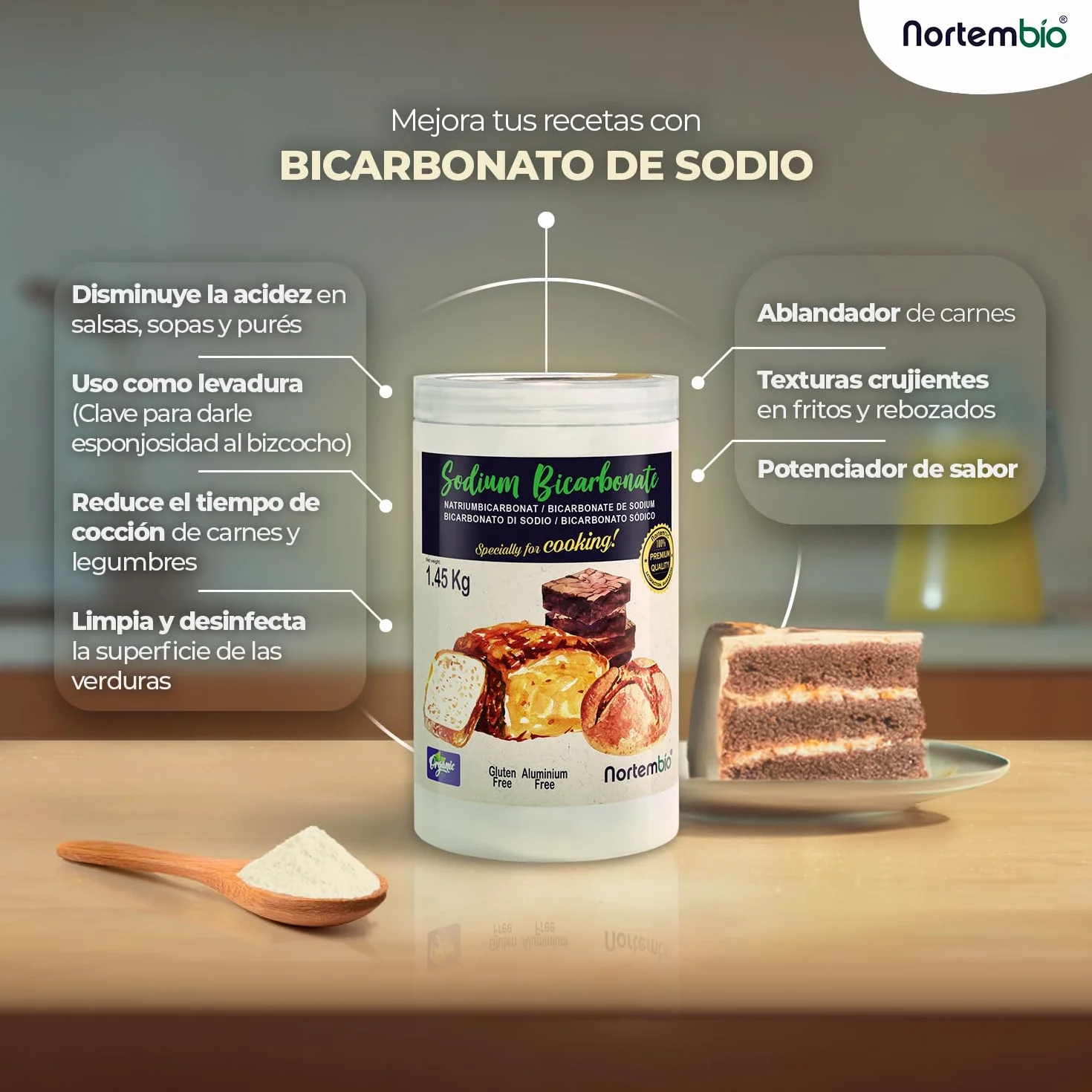 Nortembio Bicarbonato de Sodio E500(ii) 3 kg – Aditivo de Cocina y Repostería, Calidad Gourmet, Alta Pureza 100% Natural + eBook de Recetas