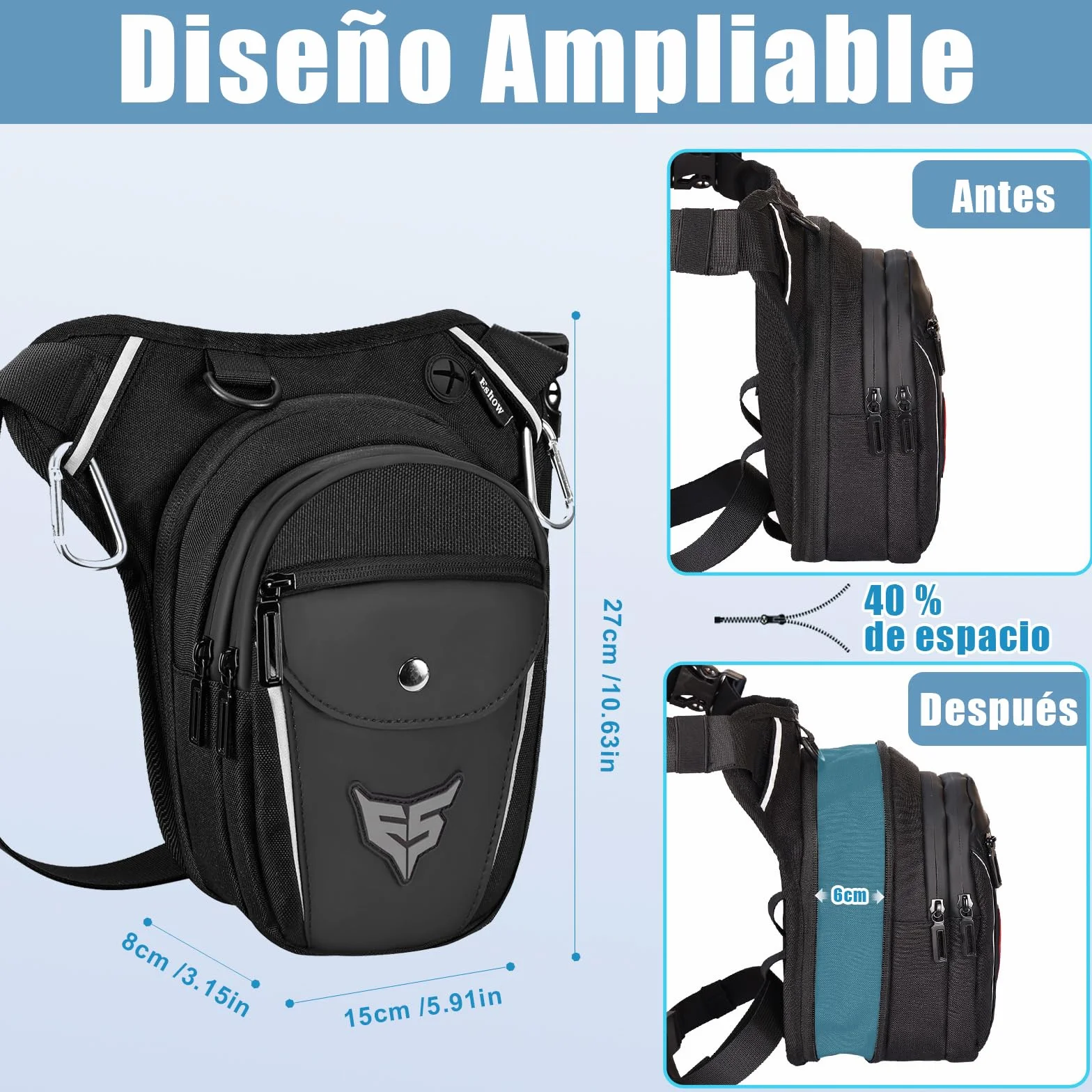 Eshow Pernera Moto Ampliable con Portabotella y Tira Reflectante para Ciclismo Montañismo Senderismo Negro