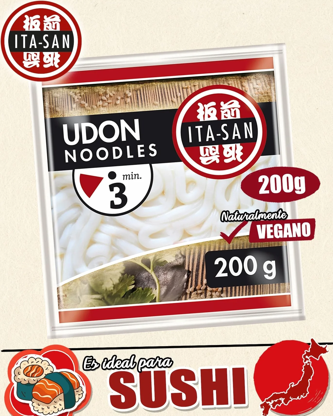 ITA-SAN Fideos Udon cocidos vegetariano 30 x 200 g