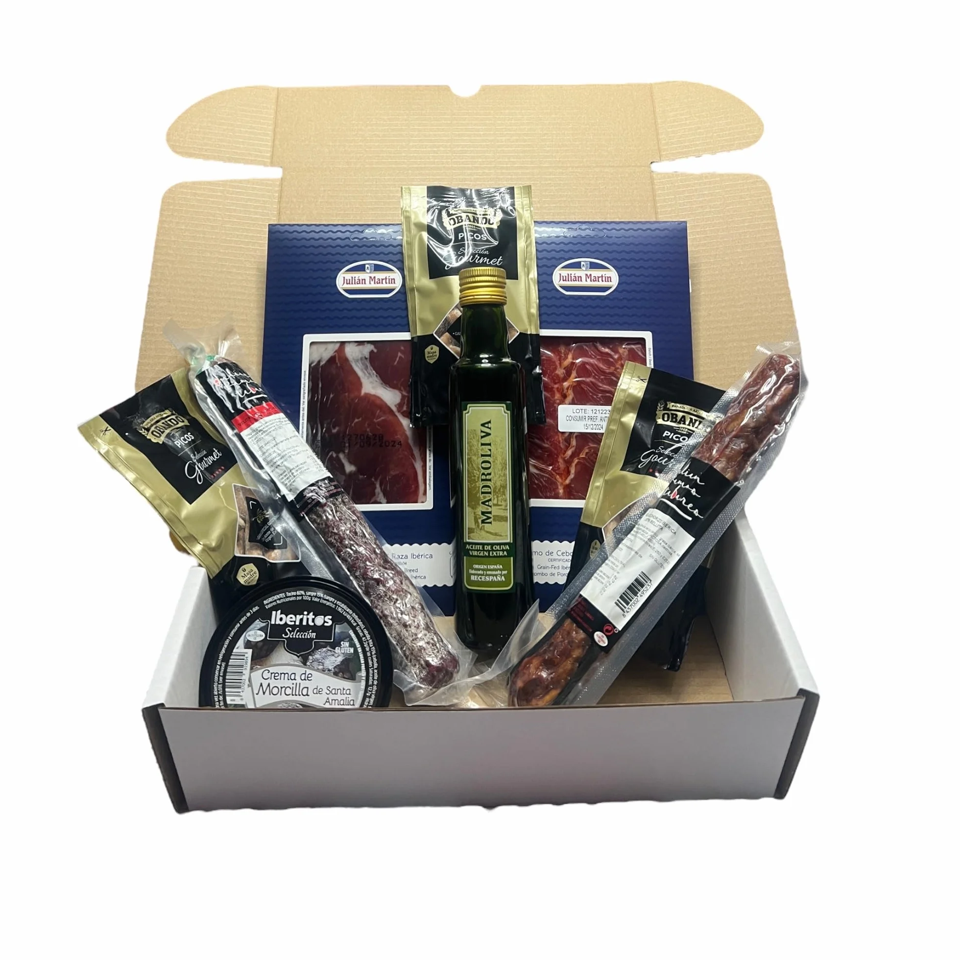 Cesta Gourmet Regalo Embutidos Ibéricos Jamón Caña Lomo Salchichón Chorizo Bellota Aceite Oliva Virgen Extra Picos Rústicos Obando