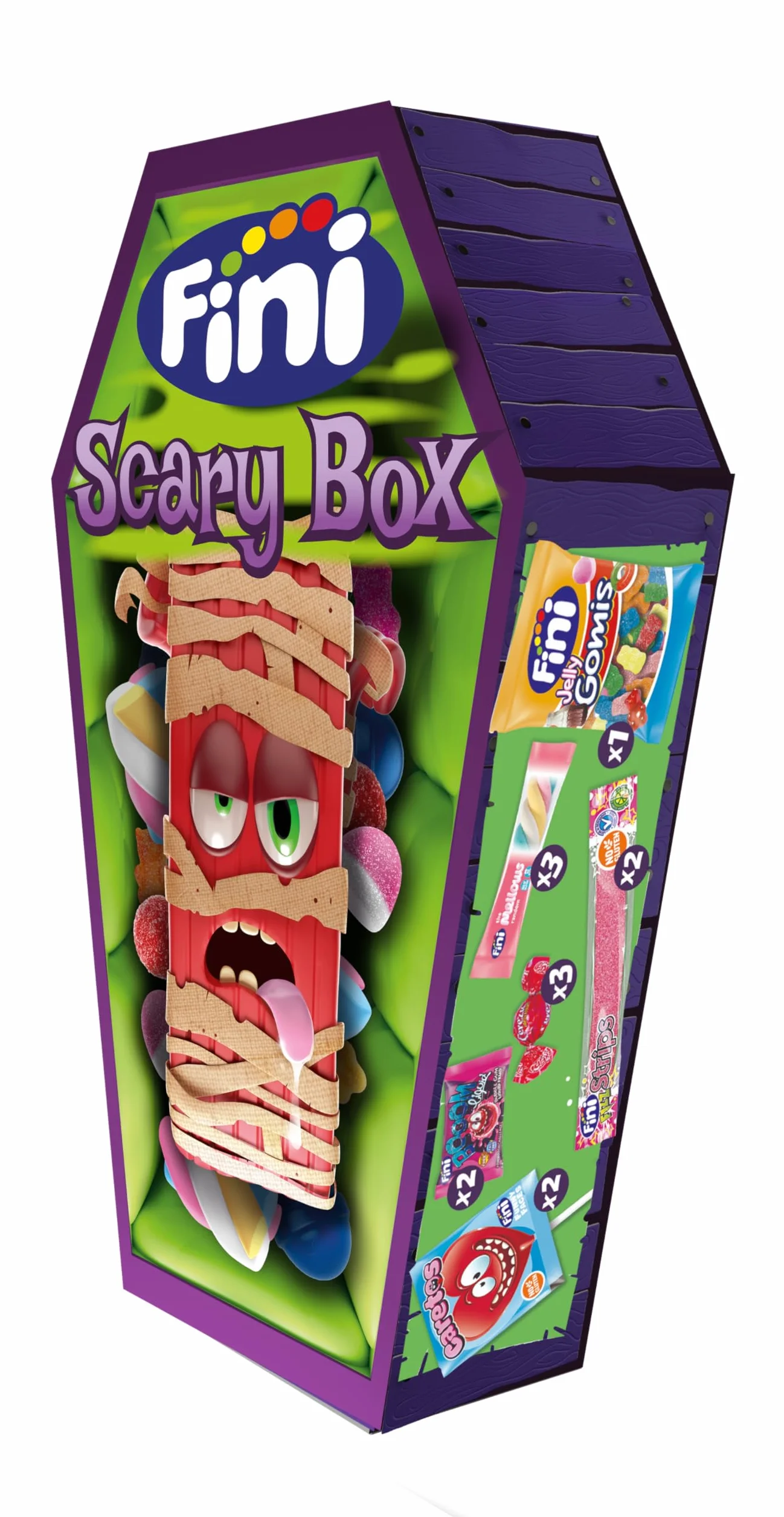 Fini Ataúd Scary Box | Surtido de Dulces con Gominolas, Piruletas, Geles y Caramelos Duros Rellenos de Chicles | Golosinas y Chuches para Halloween, Cumpleaños y Regalos - 92 gr