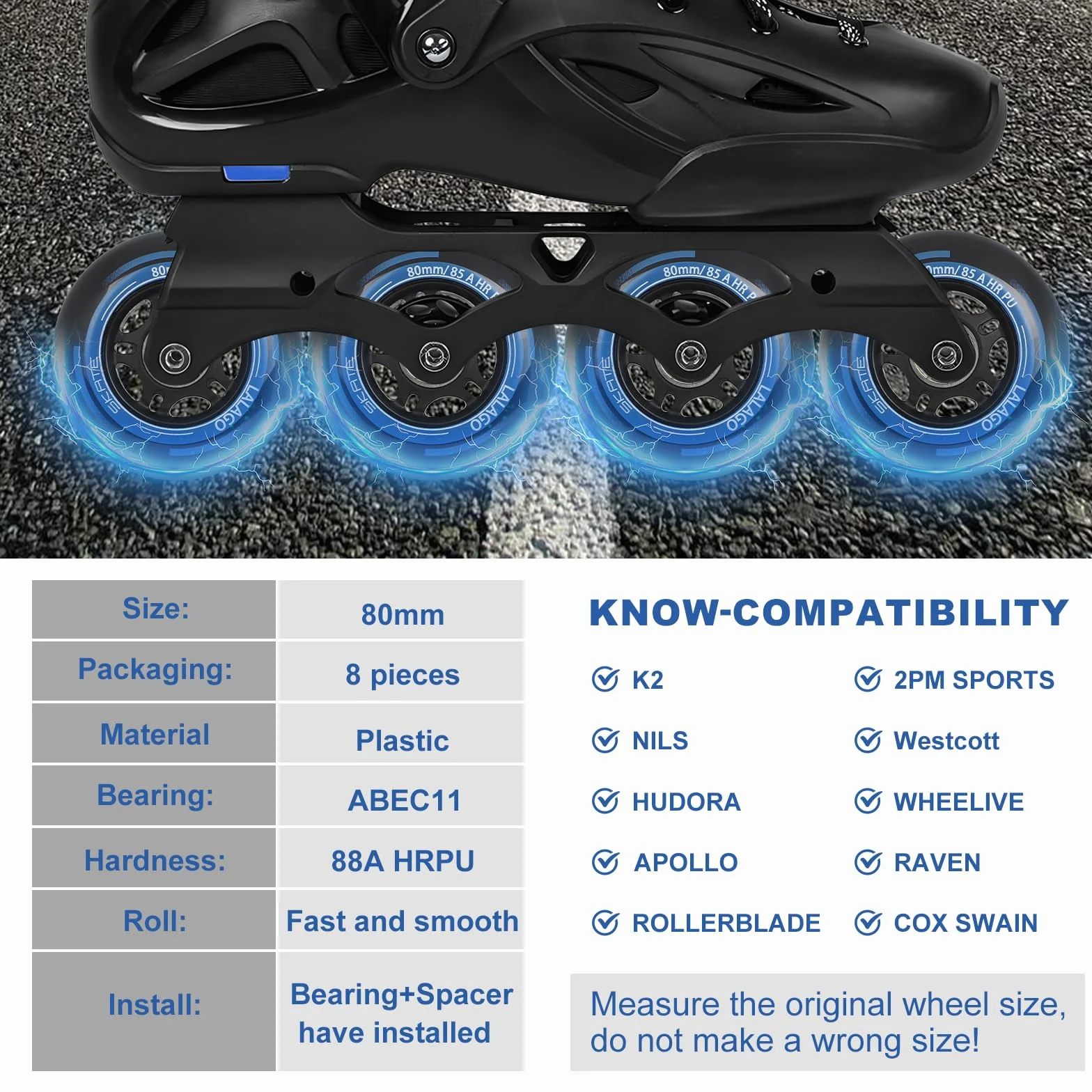 LALAGO Ruedas Patin en Linea 80mm 88A HRPU ABEC9 8 Piezas para K2 Hudora Gonex Apollo