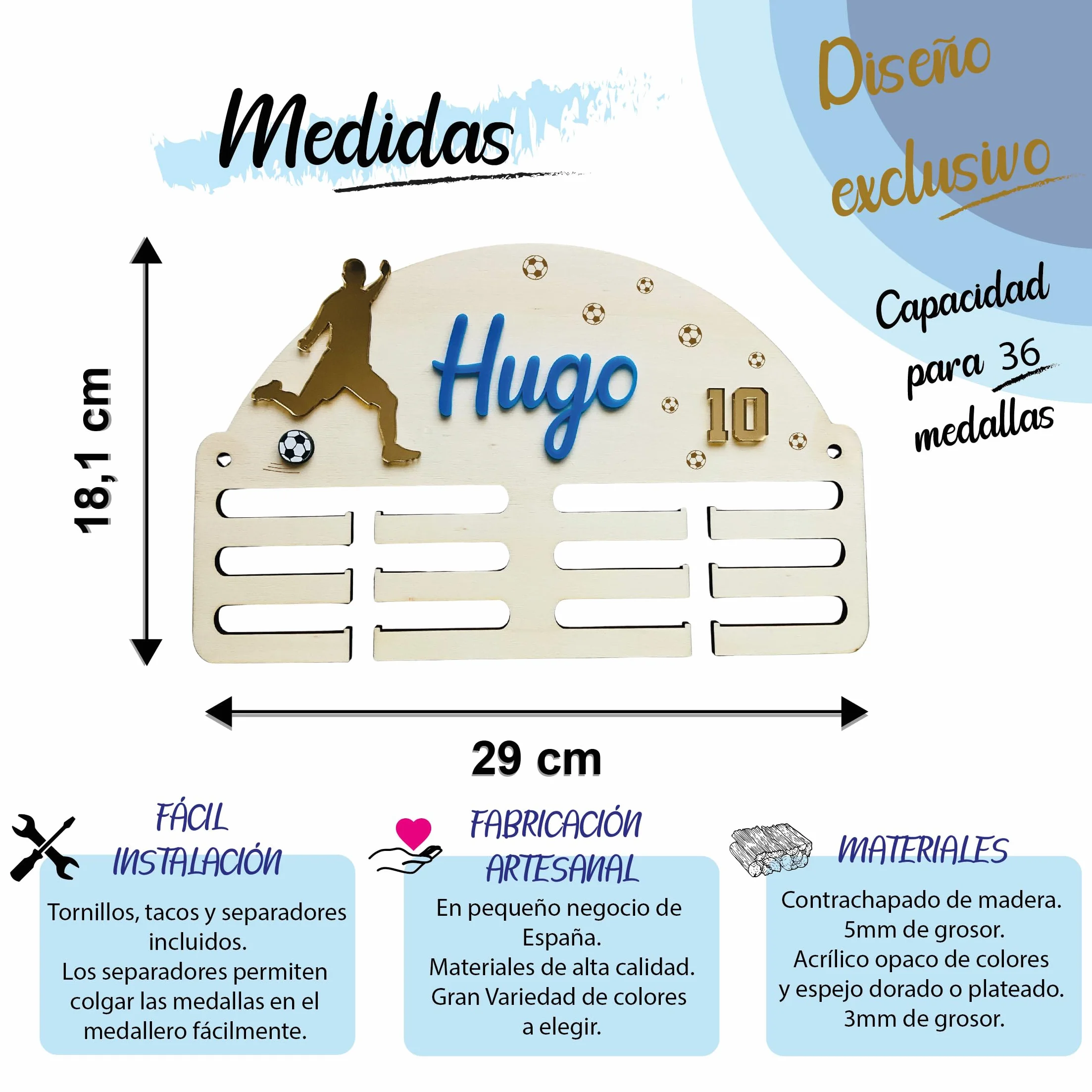 Medallero de Fútbol Personalizado para Niños con Nombre y Número en Acrílico Fabricado en España