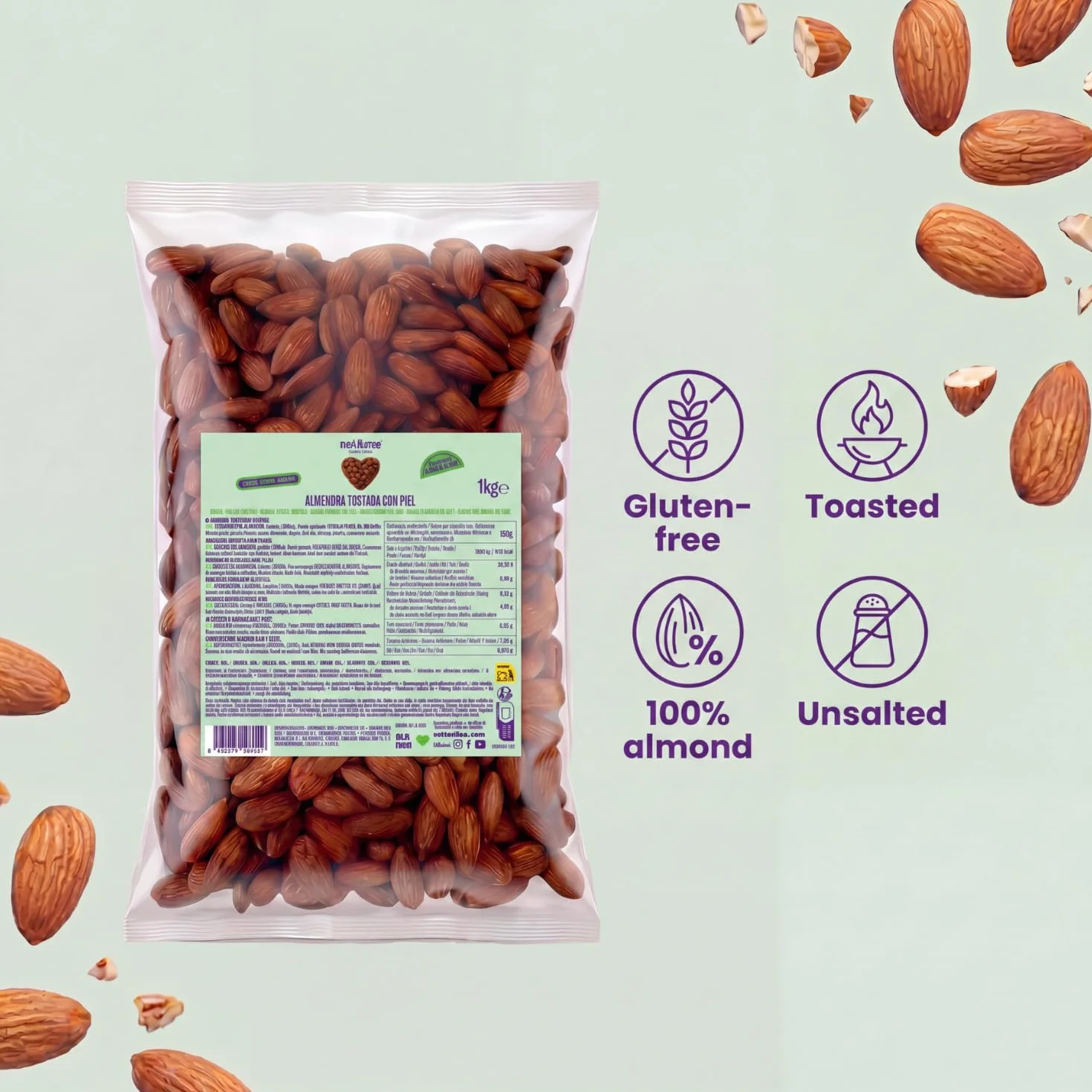 Almendras tostadas naturales sin sal 2 kg nut&me | Sin Gluten - sin aditivos | Keto | Frutos secos saludables | Proteina vegana | Pack 2 x 1 kg