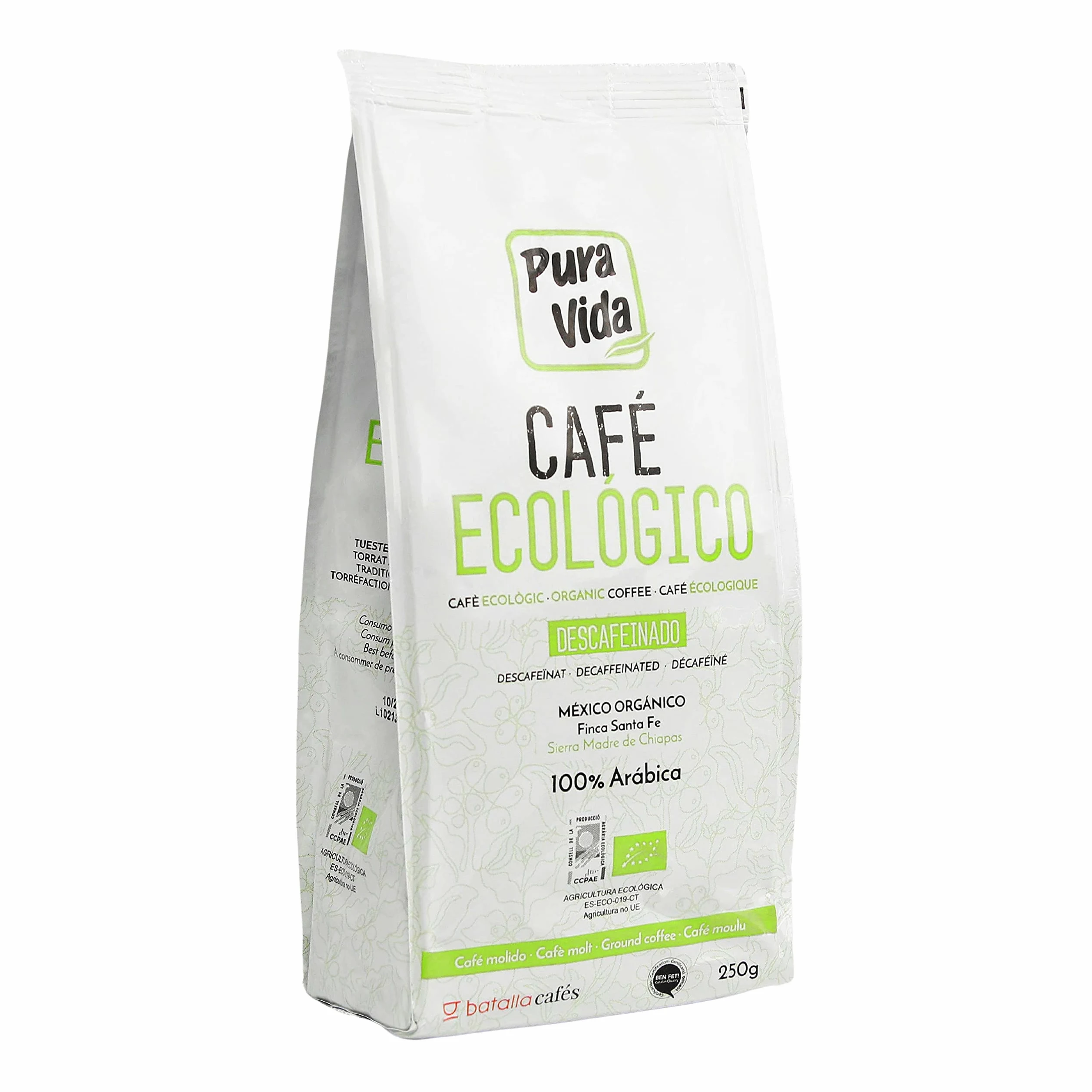 Pura Vida Café Ecológico Descafeinado Molido - 4 Paquetes de 250 gr - Total: 1000 gr, Polvo