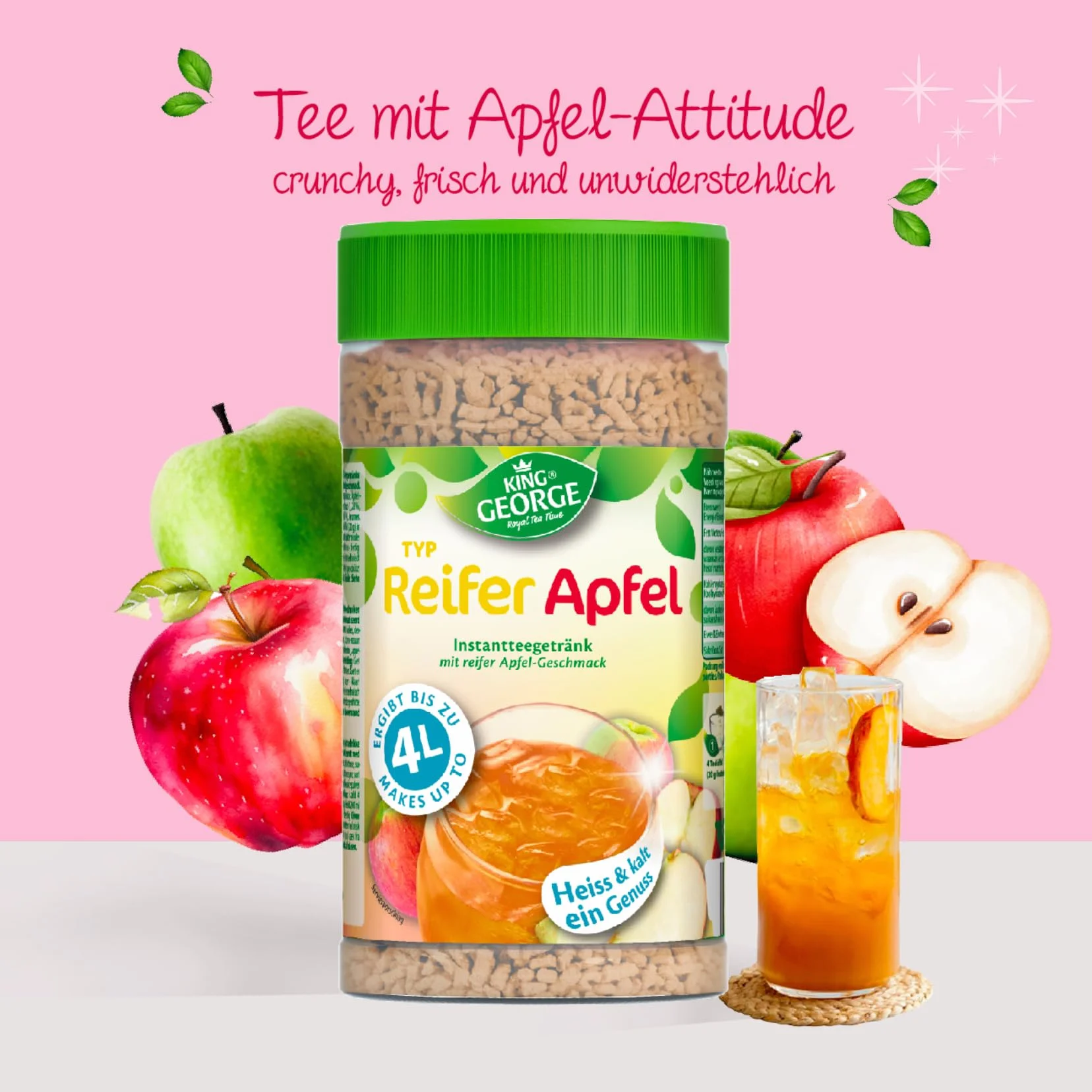 KING GEORGE Bebida instantánea de té de manzana madura, 6 x 400 g, bebida instantánea con sabor a manzana, caliente y fría, un placer, paquete de almacenamiento para té de migas, bebida para verano