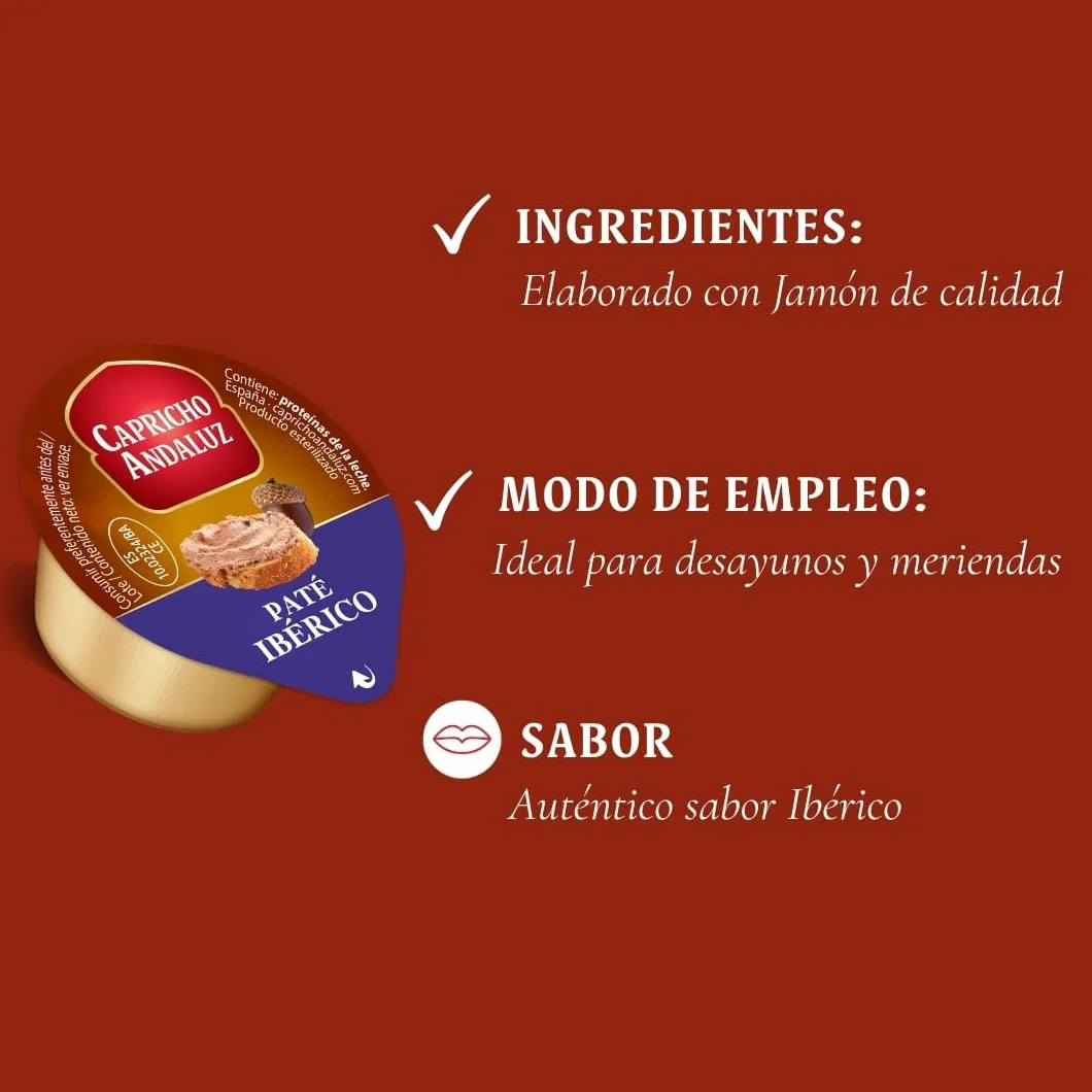 Capricho Andaluz - Caja Paté Ibérico 60 Unidades en Monodosis de 25 gr, Untable para tus Desayunos y Meriendas con un Envasado Práctico y Cómodo para Llevar