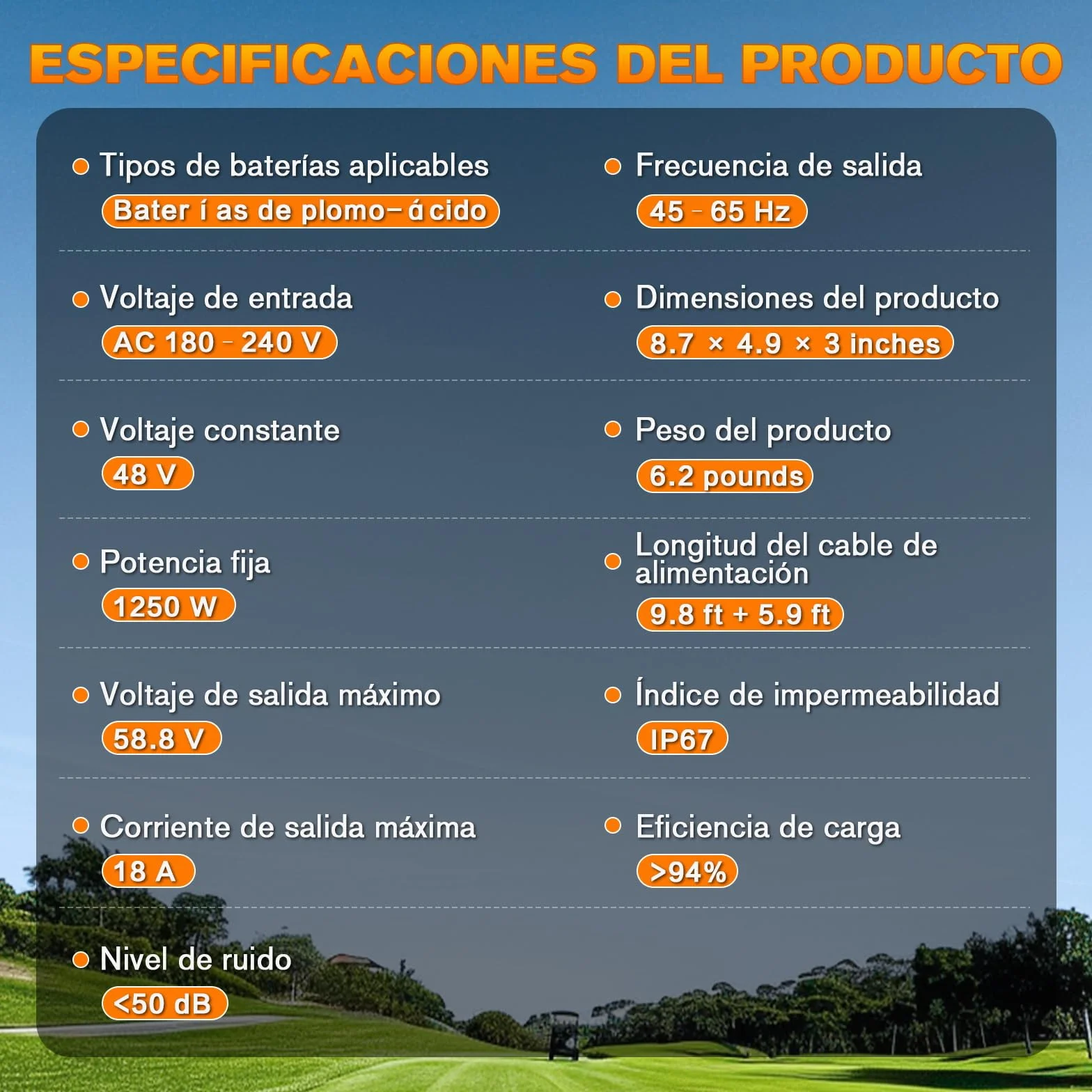 Cargador Inteligente 48V 18A para Carritos de Golf Club Car, Batería Plomo-ácido IP67